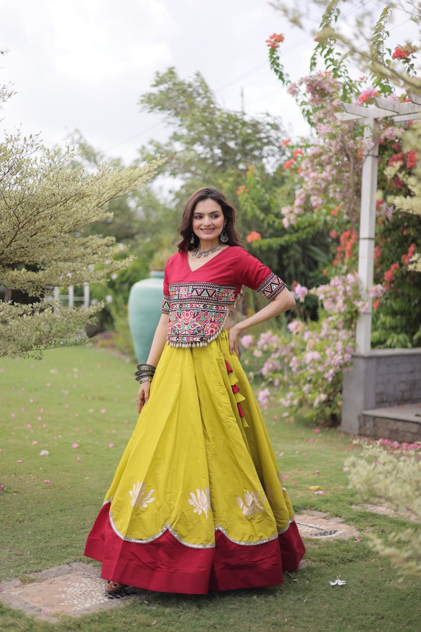 Womenline Maroon Kutchi Embroidered Choli with Lime Green Designer Navratri Lehenga