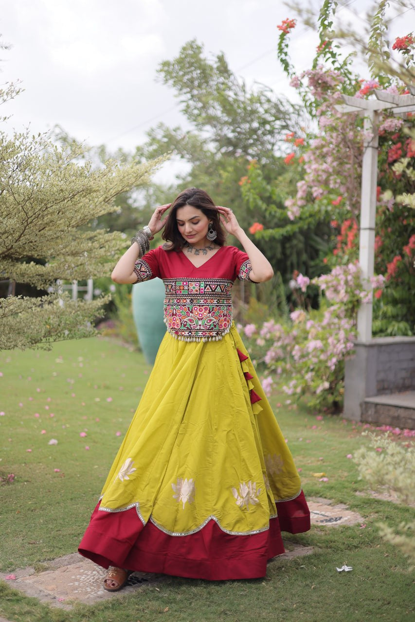 Womenline Maroon Kutchi Embroidered Choli with Lime Green Designer Navratri Lehenga