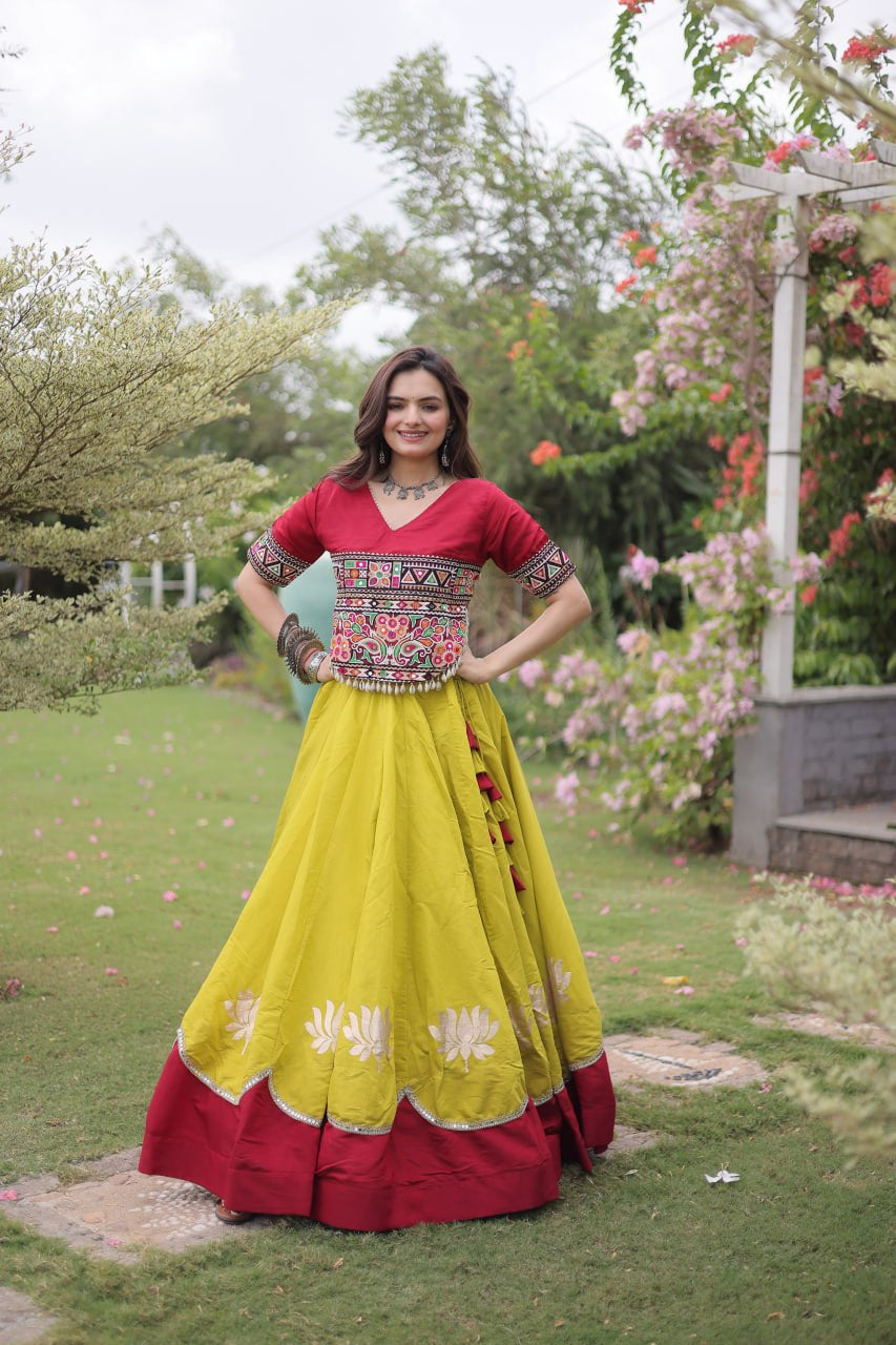 Womenline Maroon Kutchi Embroidered Choli with Lime Green Designer Navratri Lehenga