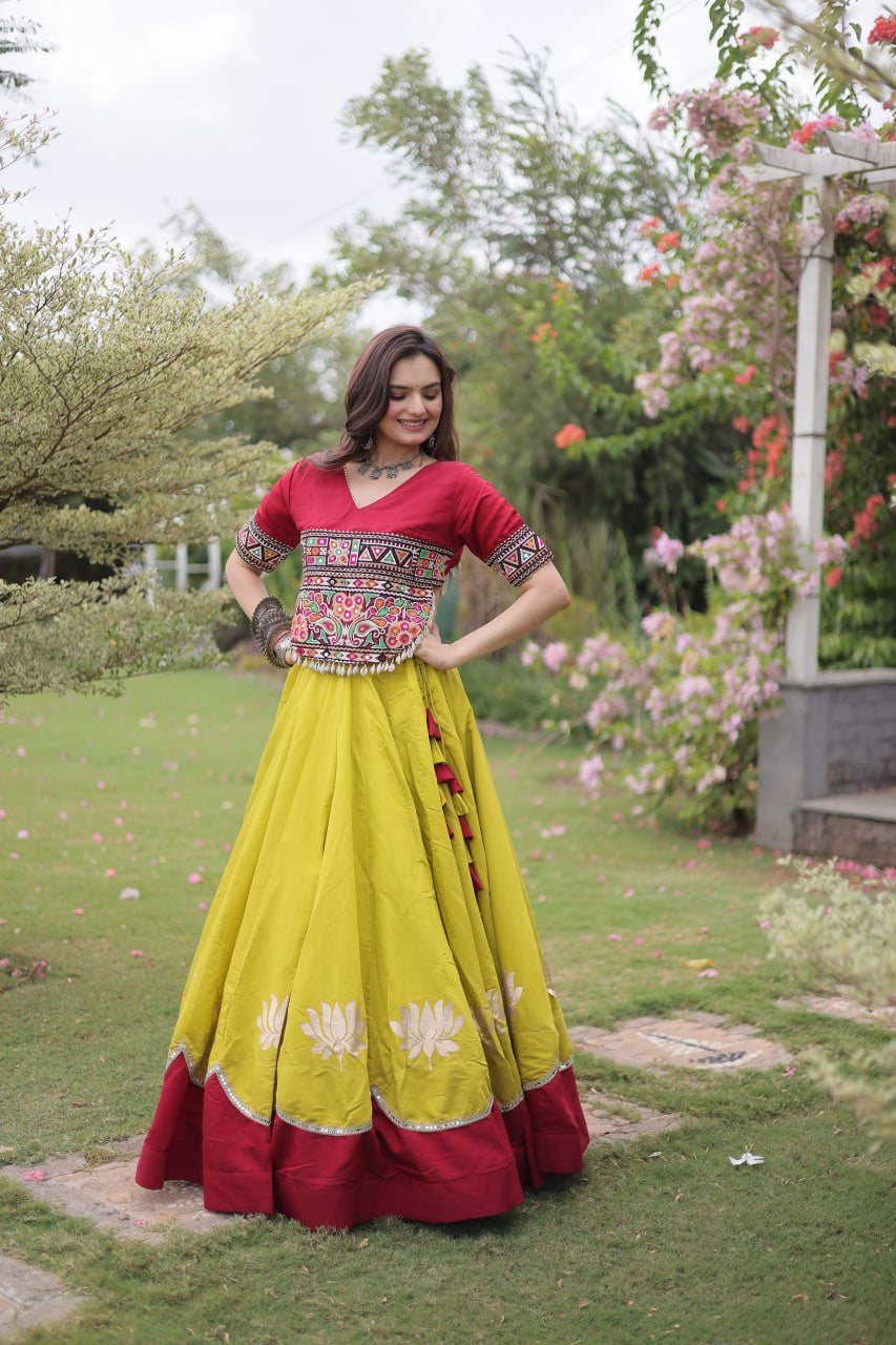 Womenline Maroon Kutchi Embroidered Choli with Lime Green Designer Navratri Lehenga