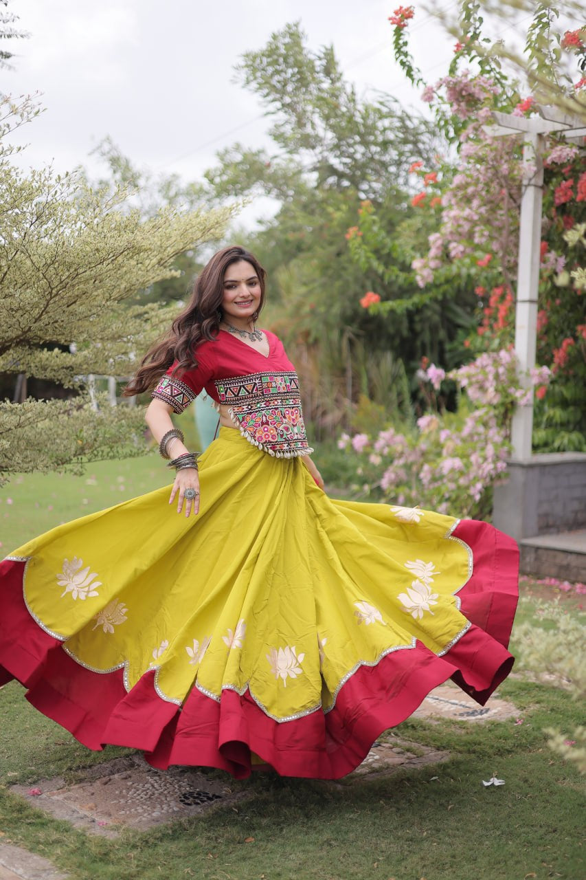 Womenline Maroon Kutchi Embroidered Choli with Lime Green Designer Navratri Lehenga