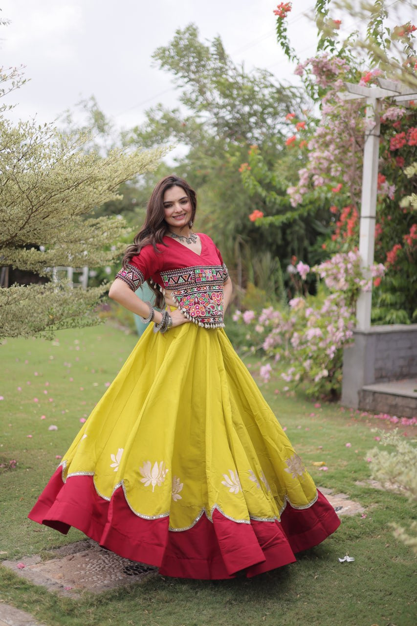 Womenline Maroon Kutchi Embroidered Choli with Lime Green Designer Navratri Lehenga