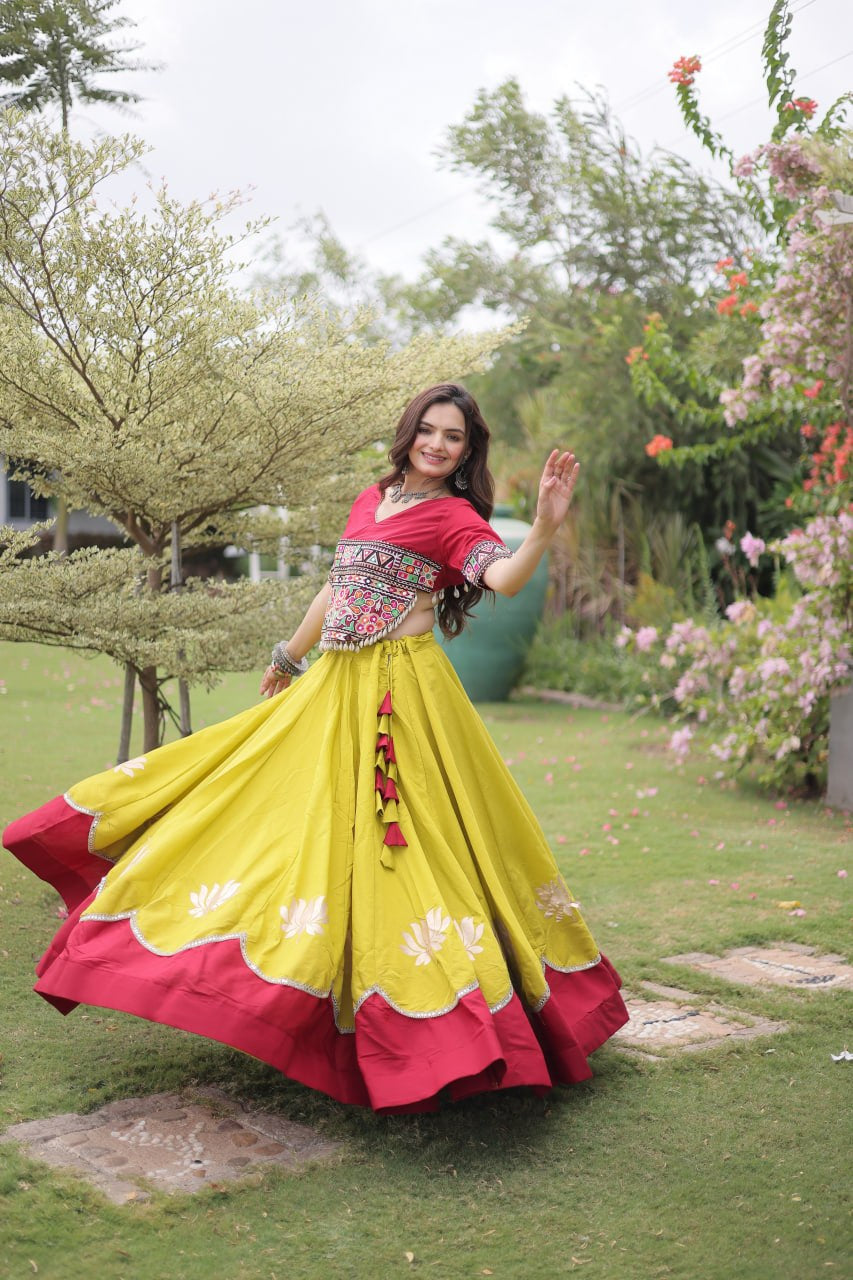 Womenline Maroon Kutchi Embroidered Choli with Lime Green Designer Navratri Lehenga