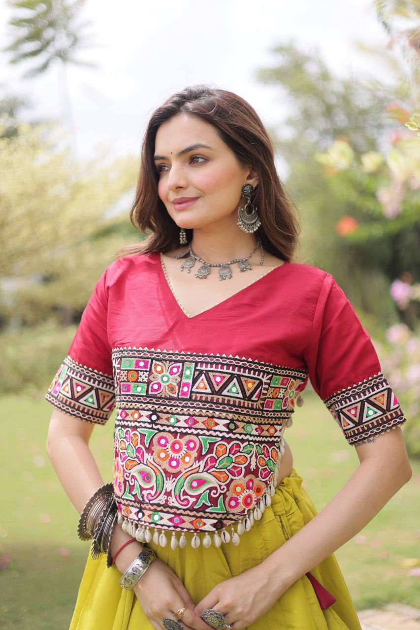 Womenline Maroon Kutchi Embroidered Choli with Lime Green Designer Navratri Lehenga