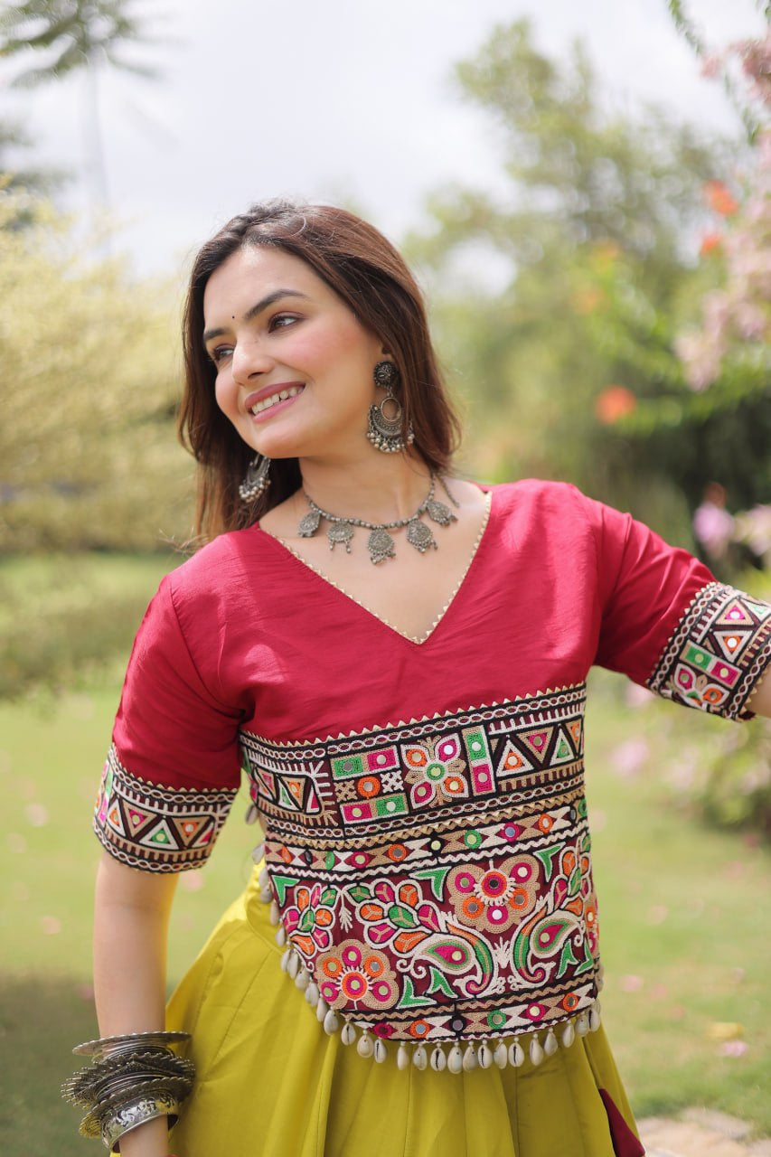 Womenline Maroon Kutchi Embroidered Choli with Lime Green Designer Navratri Lehenga