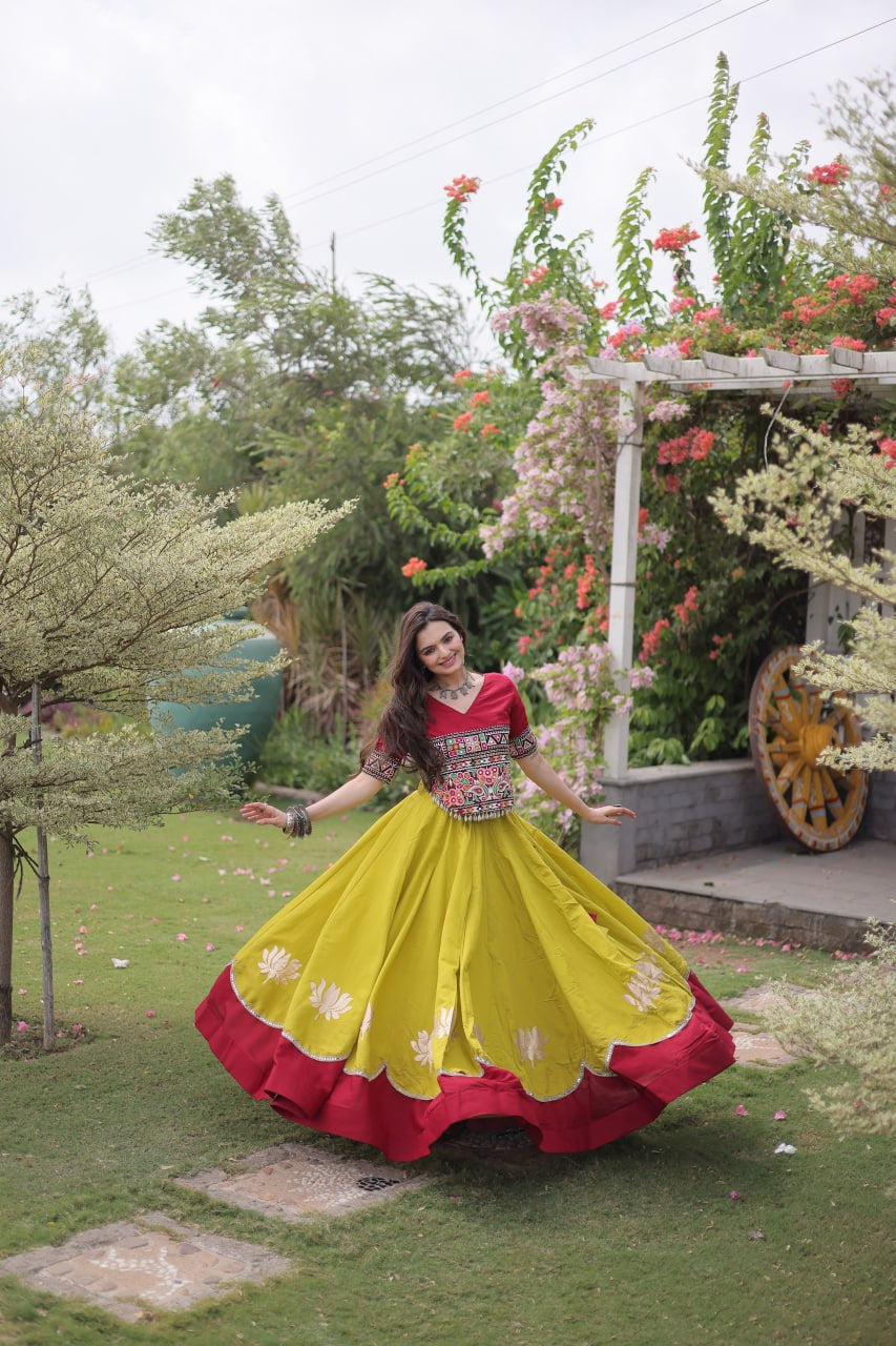 Womenline Maroon Kutchi Embroidered Choli with Lime Green Designer Navratri Lehenga