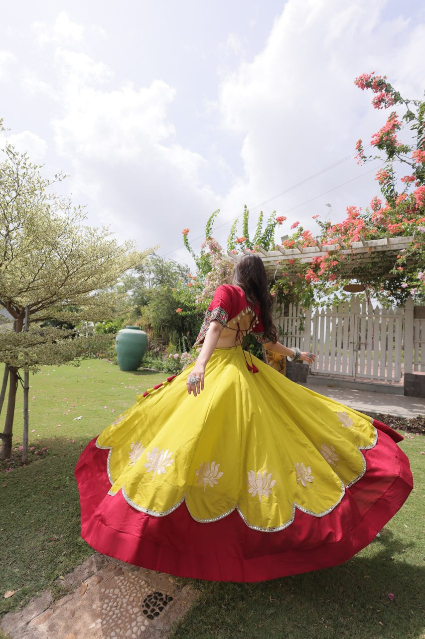 Womenline Maroon Kutchi Embroidered Choli with Lime Green Designer Navratri Lehenga