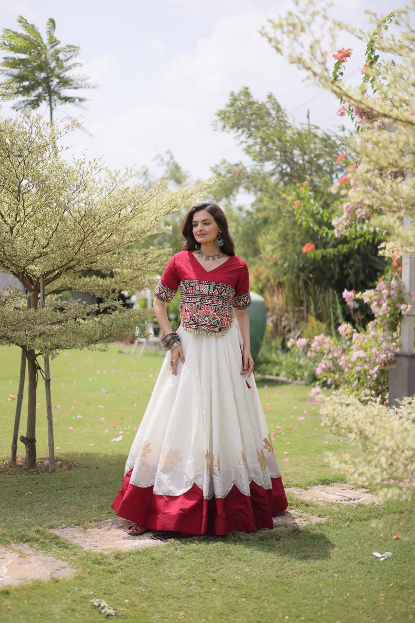 Womenline Maroon Kutchi Embroidered Choli with White Designer Navratri Lehenga