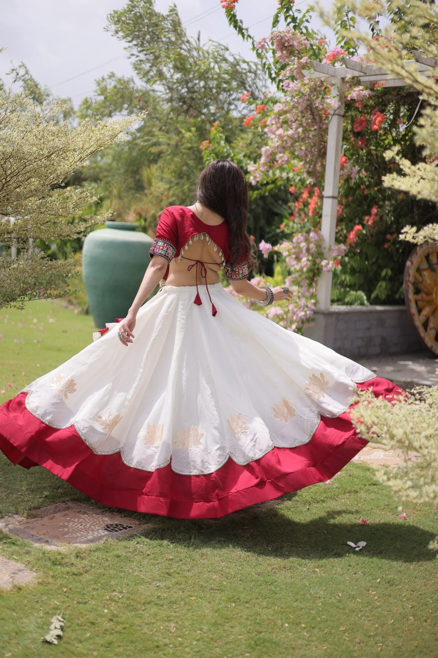 Womenline Maroon Kutchi Embroidered Choli with White Designer Navratri Lehenga
