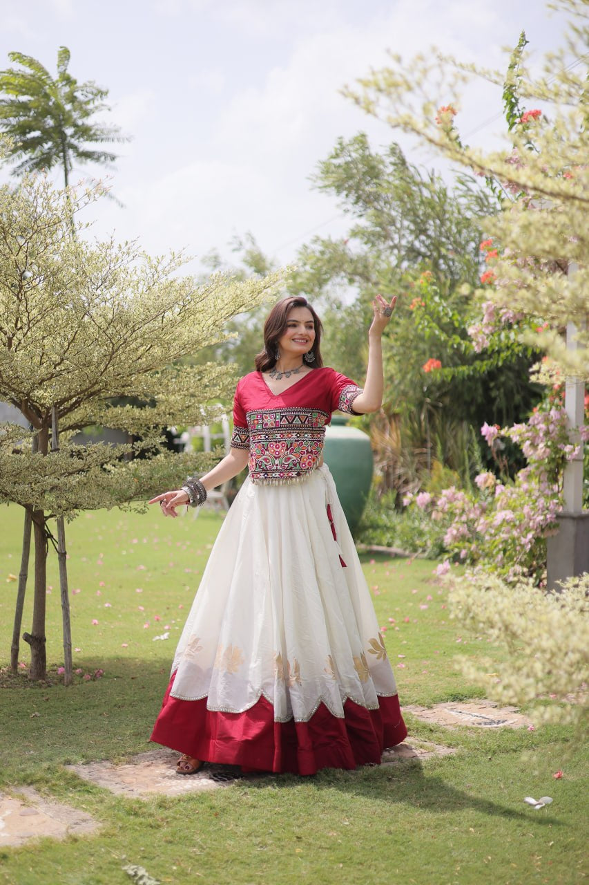 Womenline Maroon Kutchi Embroidered Choli with White Designer Navratri Lehenga