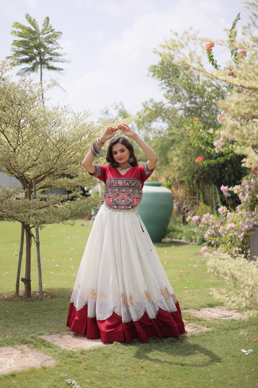 Womenline Maroon Kutchi Embroidered Choli with White Designer Navratri Lehenga