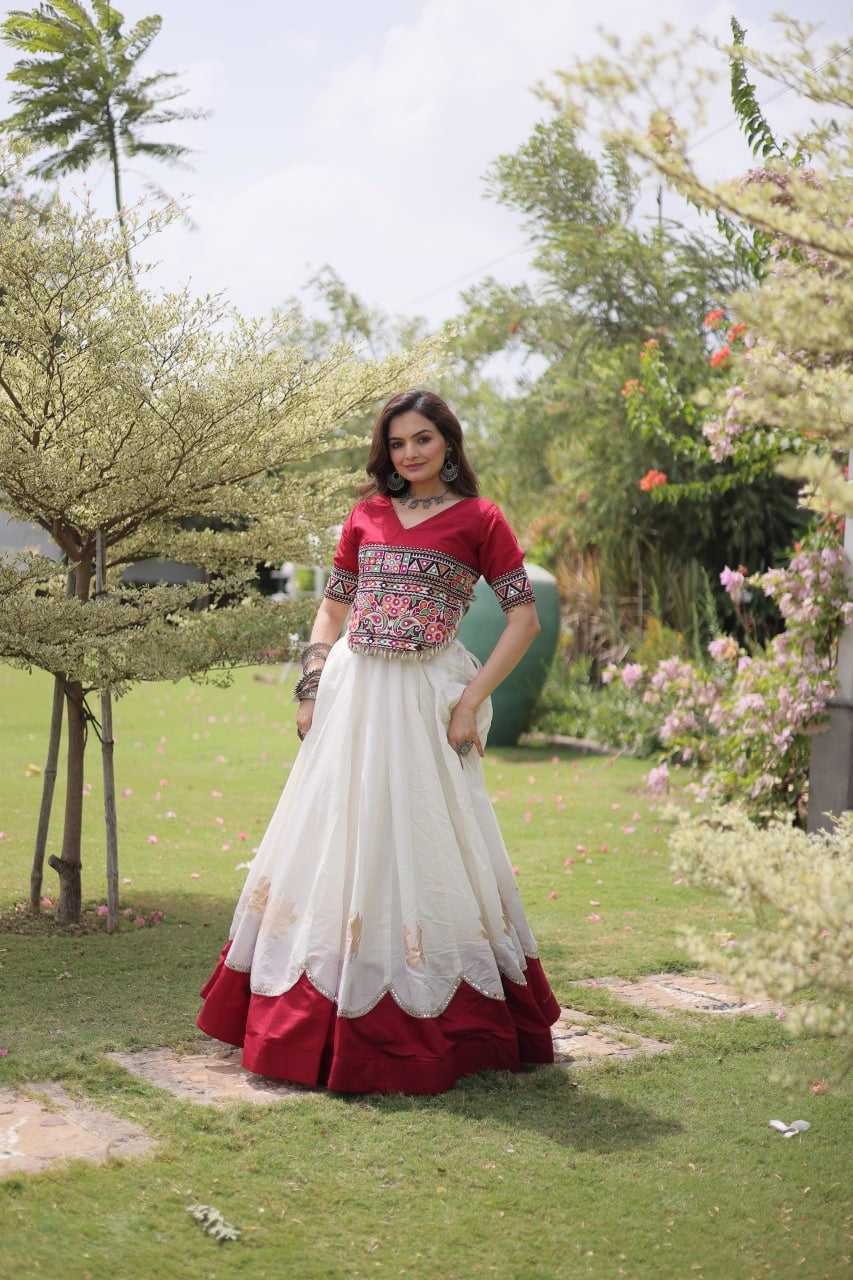 Womenline Maroon Kutchi Embroidered Choli with White Designer Navratri Lehenga