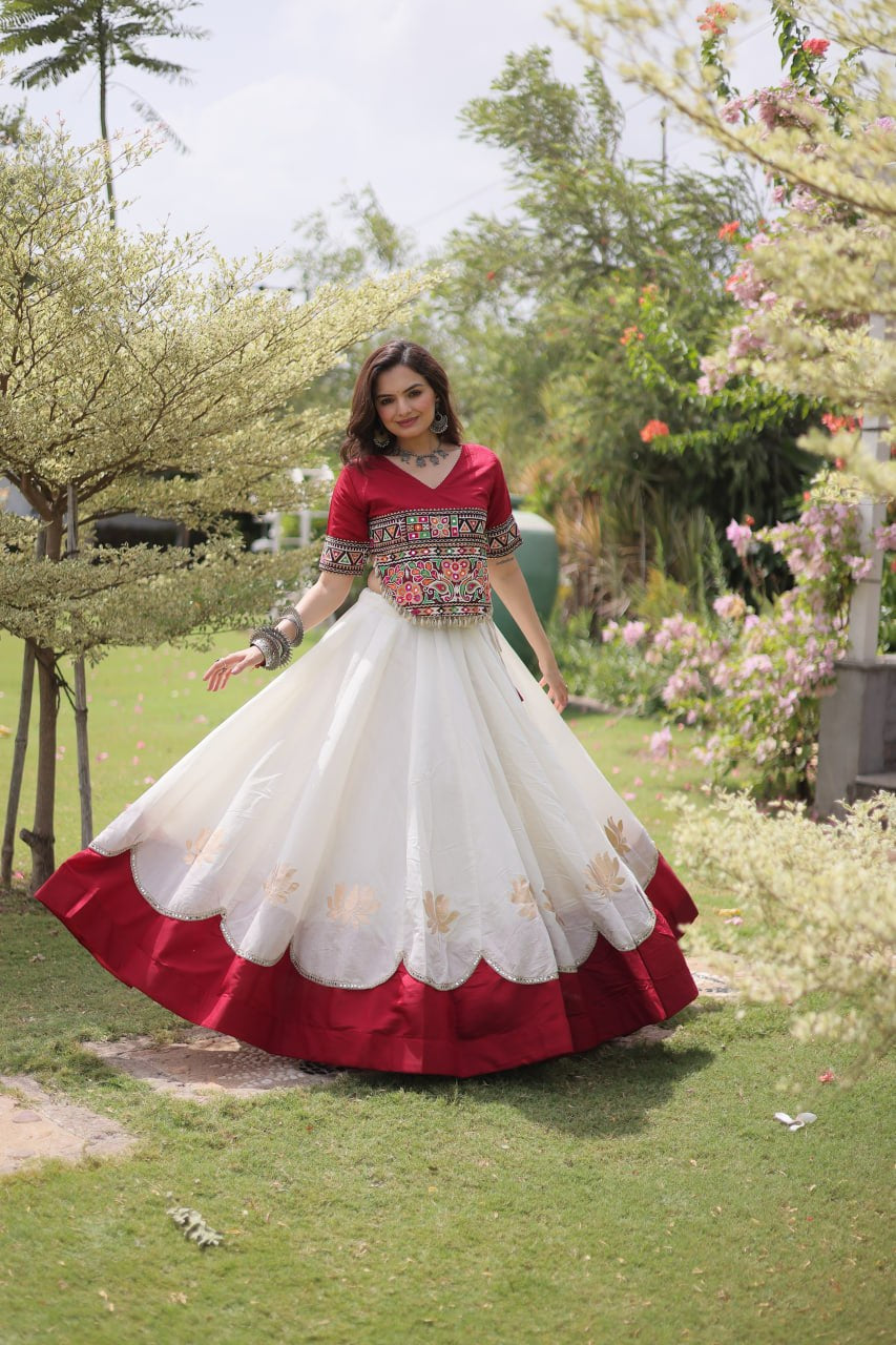 Womenline Maroon Kutchi Embroidered Choli with White Designer Navratri Lehenga