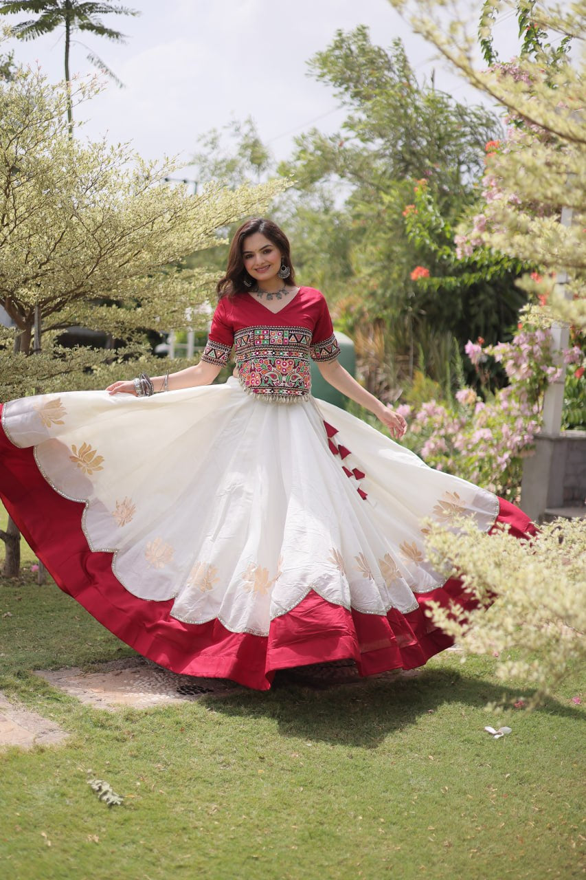 Womenline Maroon Kutchi Embroidered Choli with White Designer Navratri Lehenga