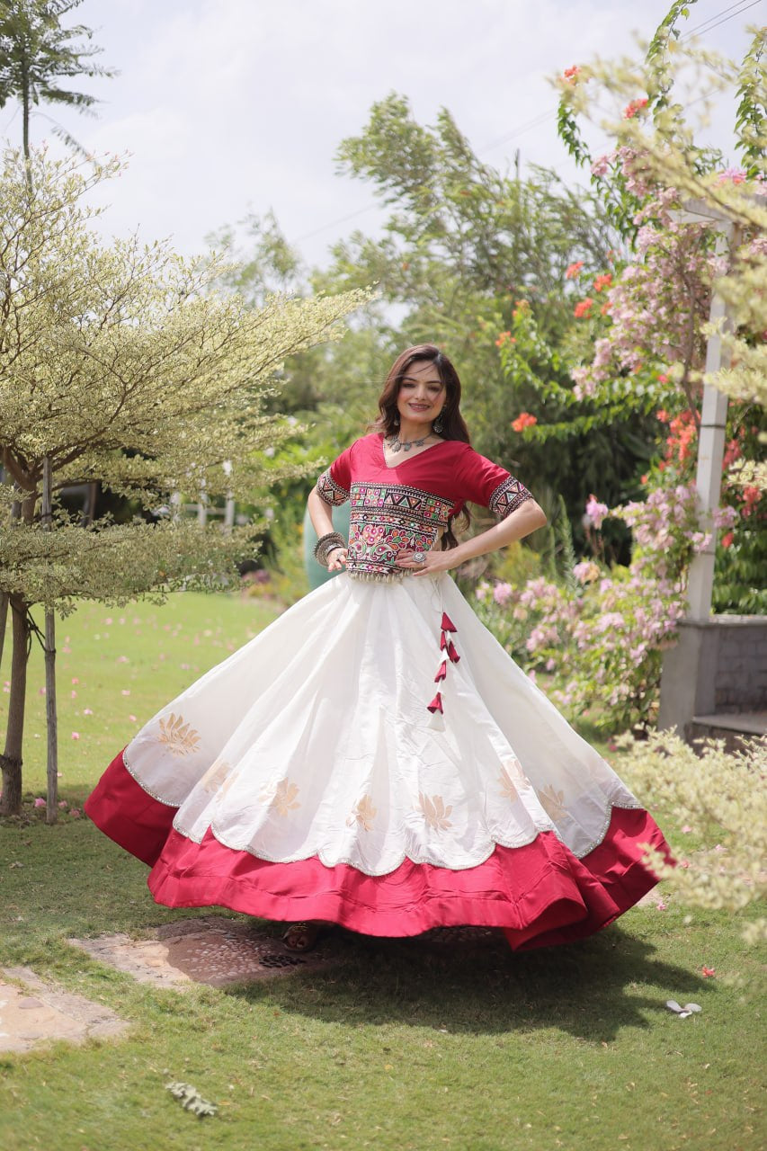 Womenline Maroon Kutchi Embroidered Choli with White Designer Navratri Lehenga