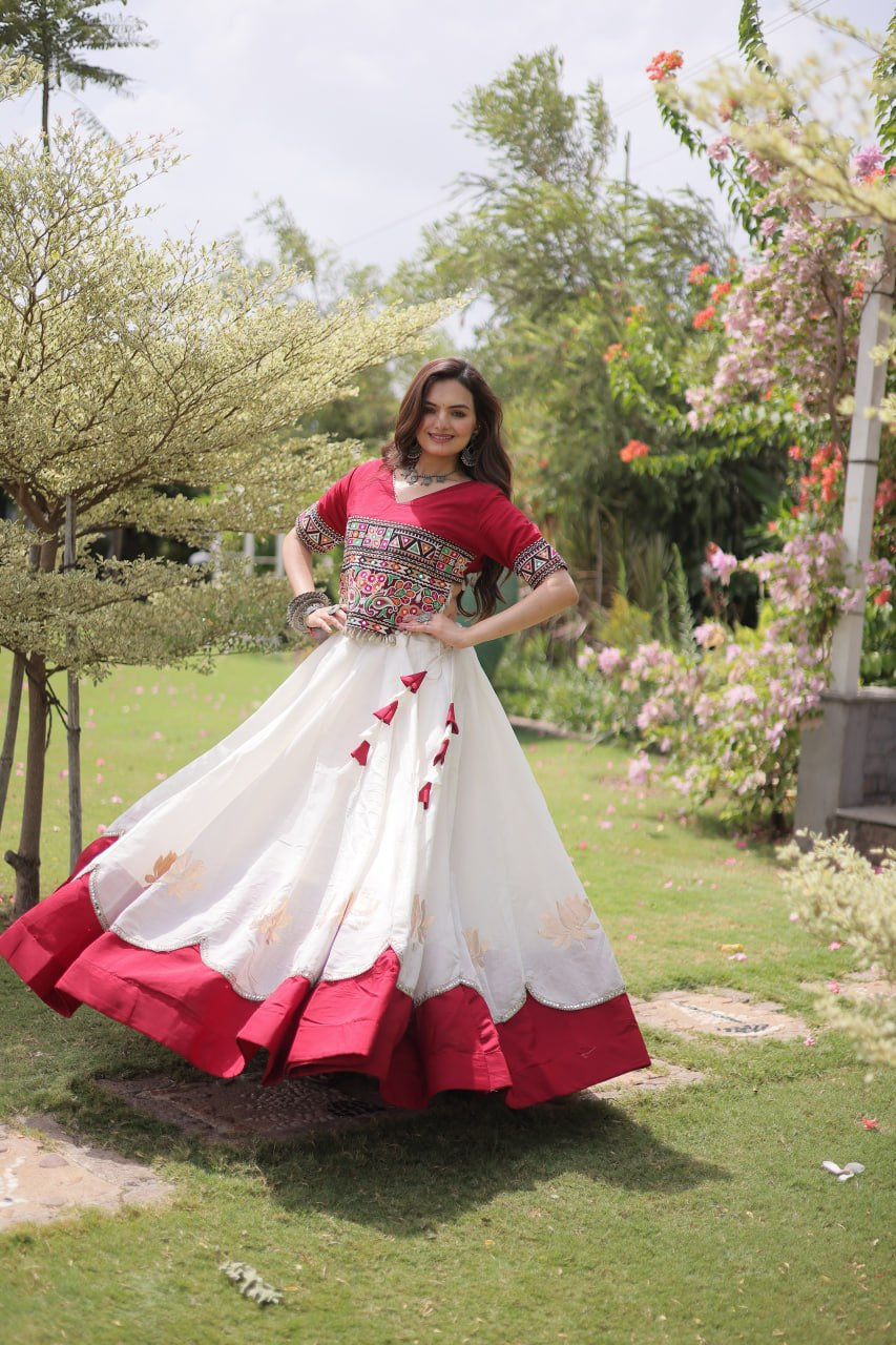 Womenline Maroon Kutchi Embroidered Choli with White Designer Navratri Lehenga