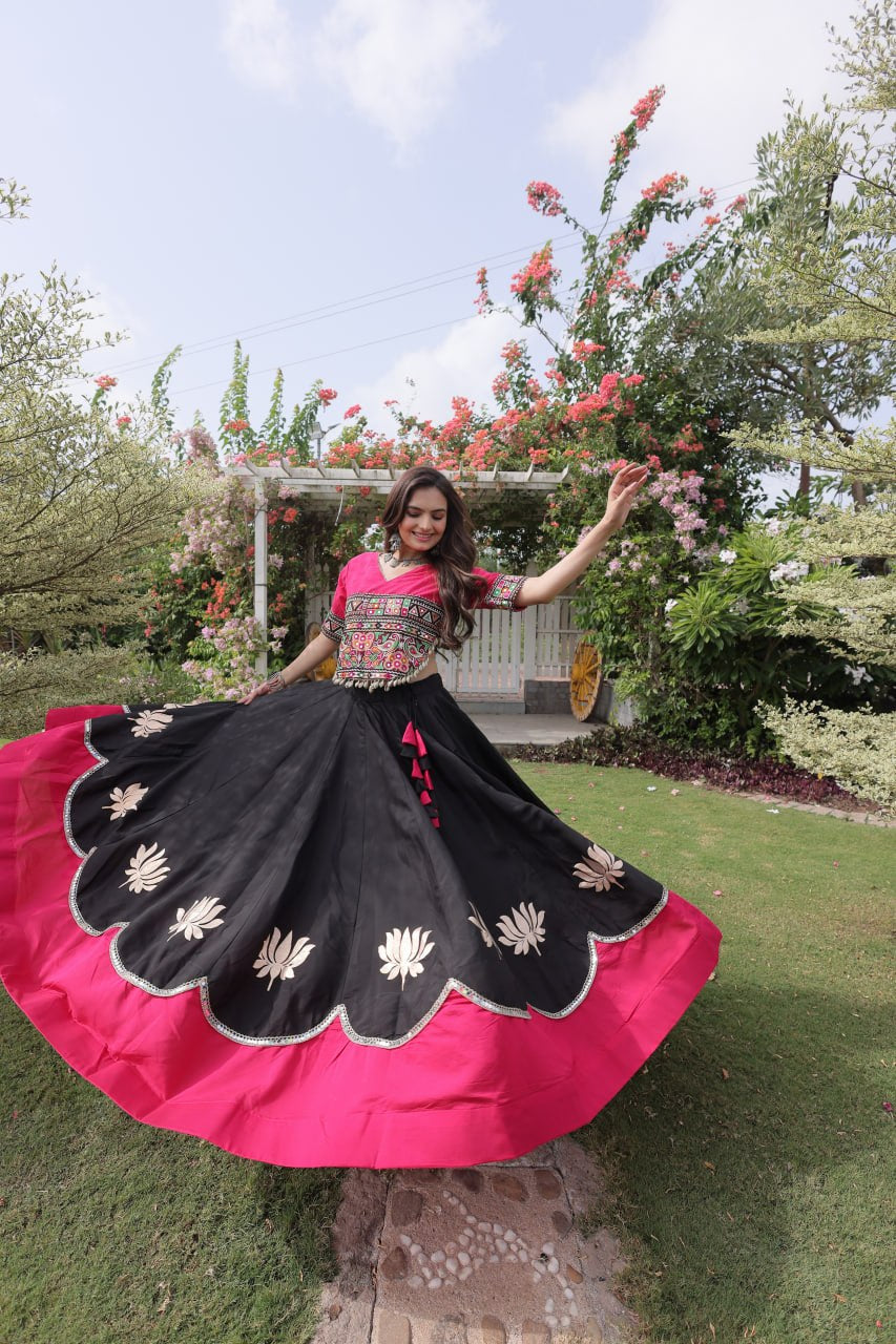 Womenline Pink Kutchi Embroidered Choli with Black Designer Navratri Lehenga
