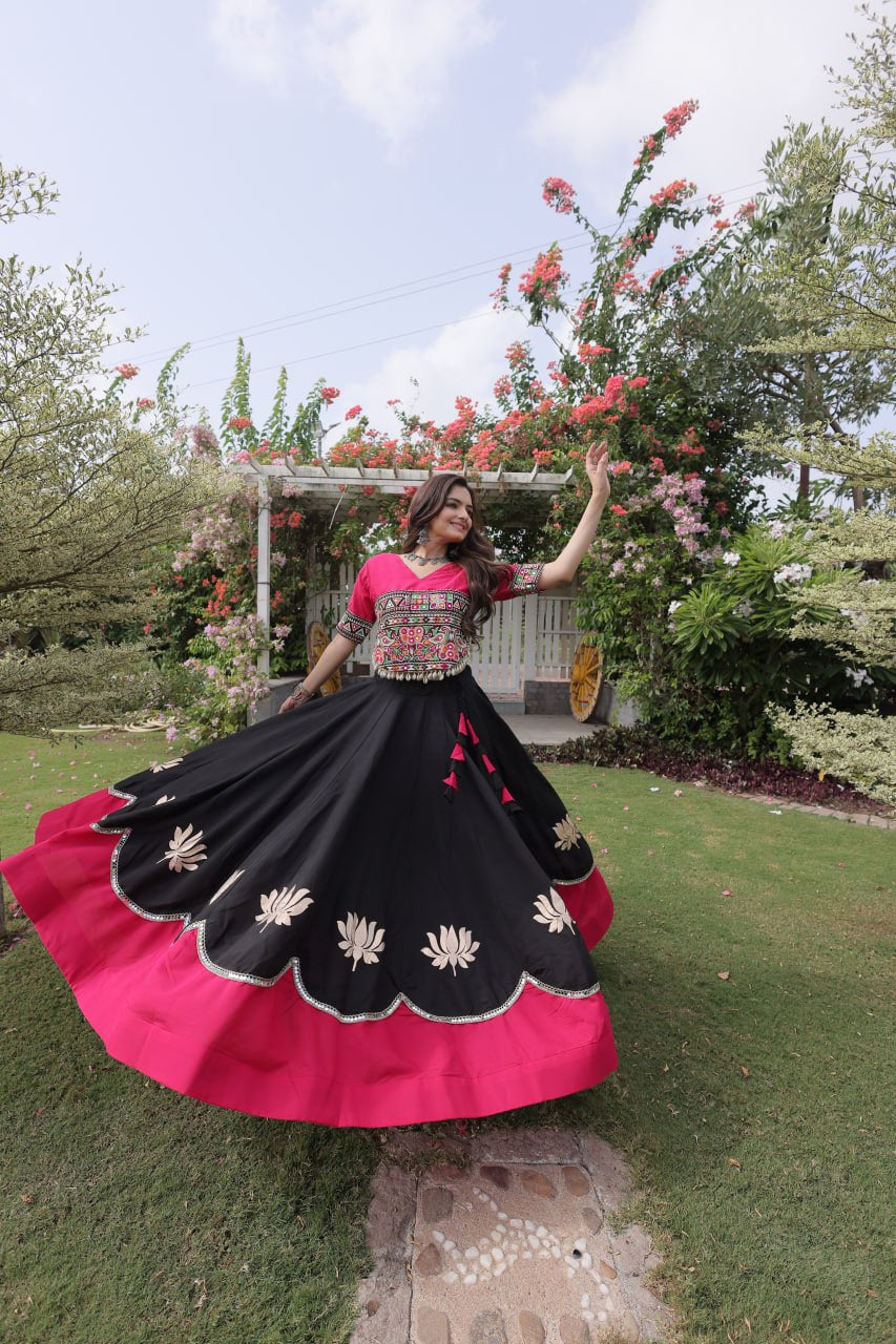 Womenline Pink Kutchi Embroidered Choli with Black Designer Navratri Lehenga
