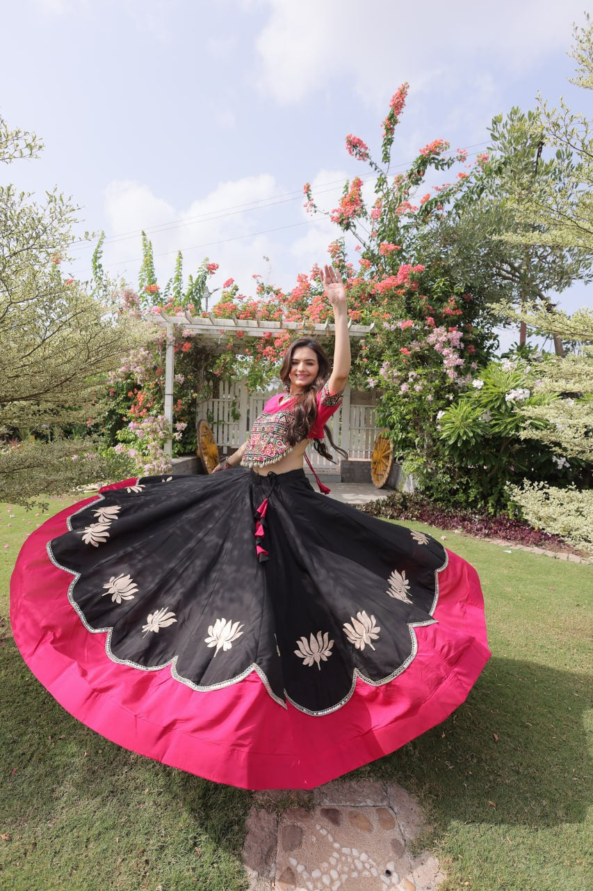 Womenline Pink Kutchi Embroidered Choli with Black Designer Navratri Lehenga