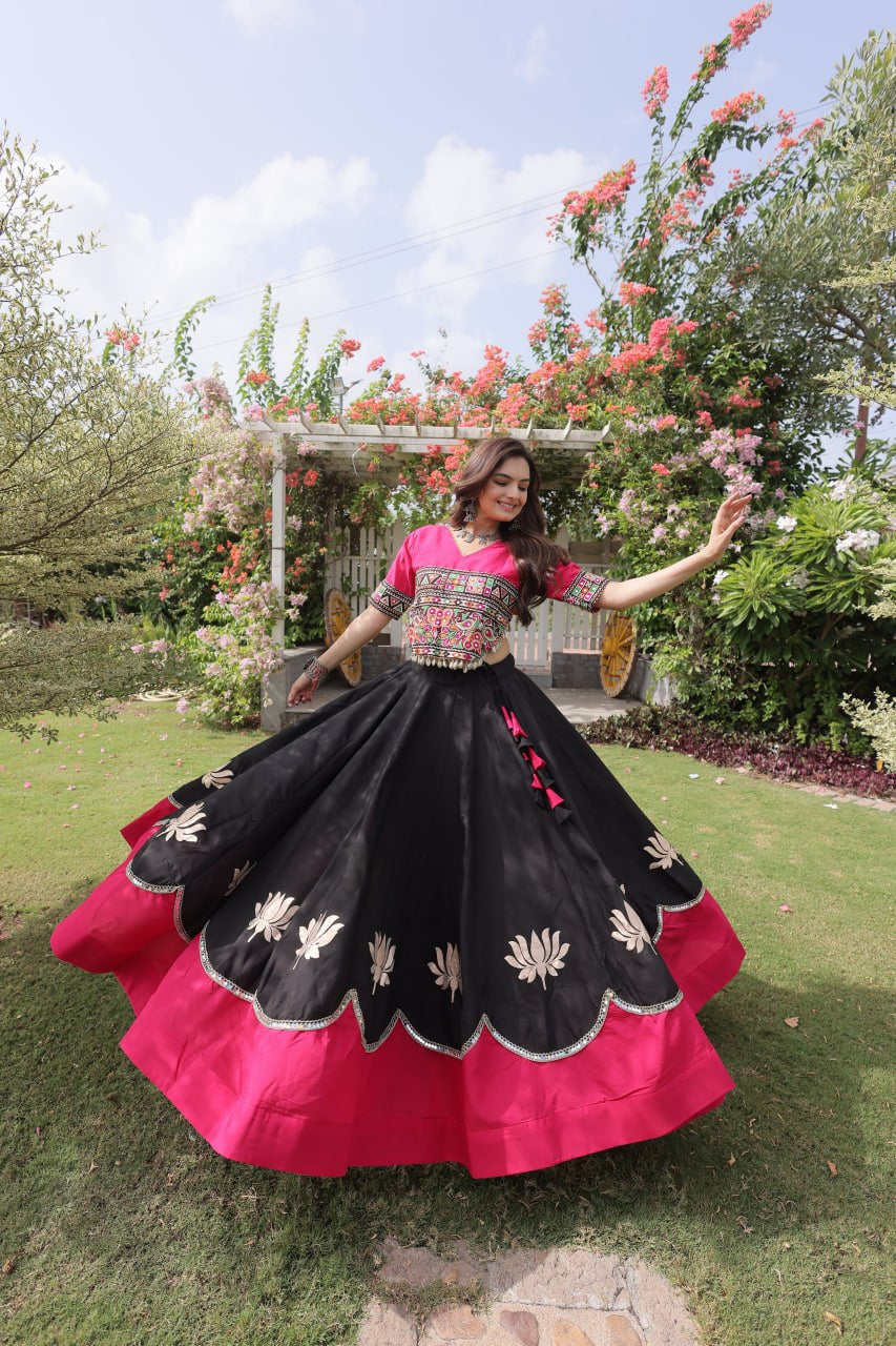 Womenline Pink Kutchi Embroidered Choli with Black Designer Navratri Lehenga