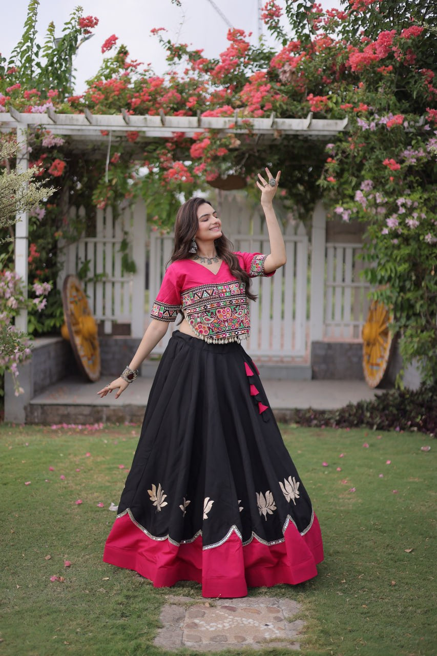 Womenline Pink Kutchi Embroidered Choli with Black Designer Navratri Lehenga