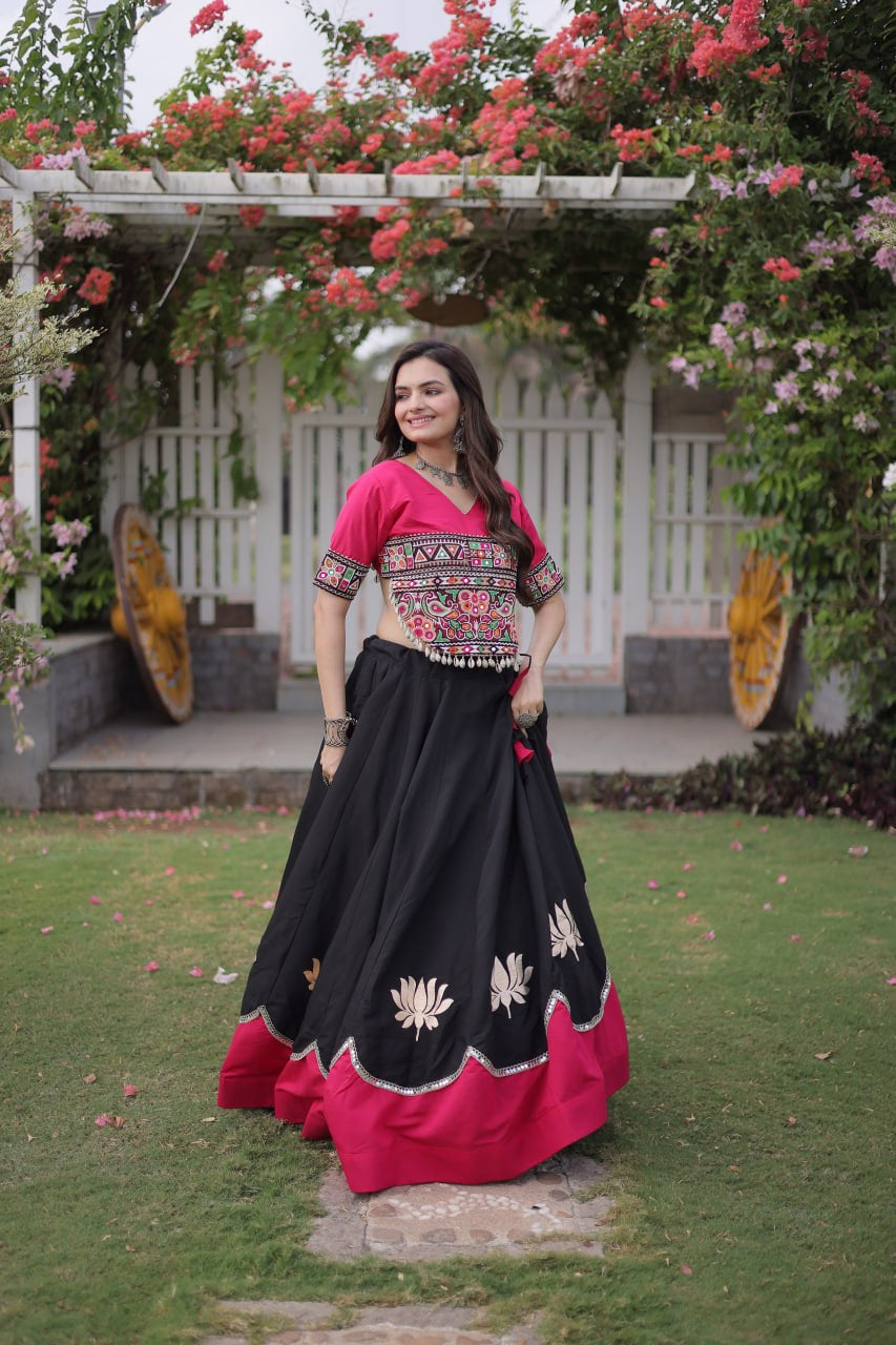 Womenline Pink Kutchi Embroidered Choli with Black Designer Navratri Lehenga