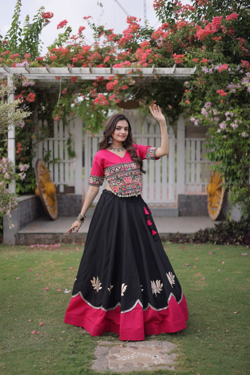 Womenline Pink Kutchi Embroidered Choli with Black Designer Navratri Lehenga