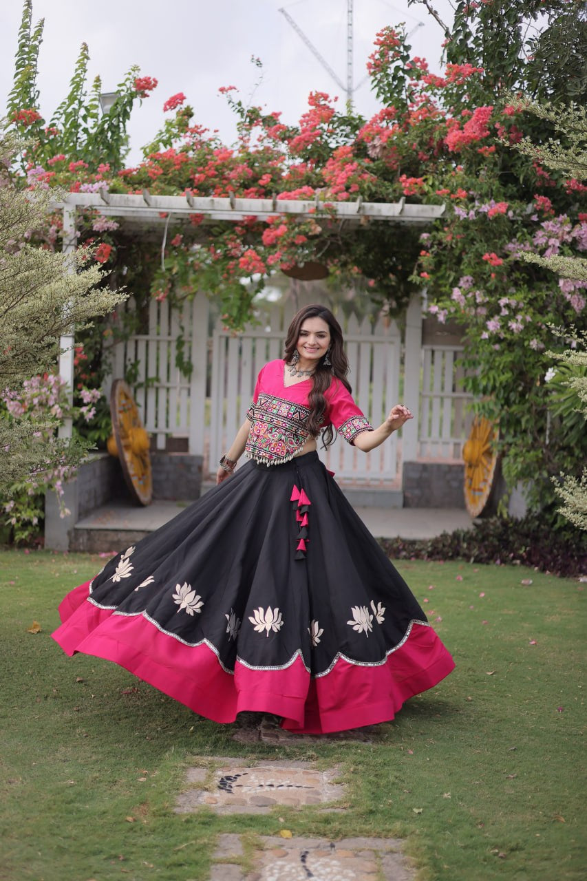 Womenline Pink Kutchi Embroidered Choli with Black Designer Navratri Lehenga