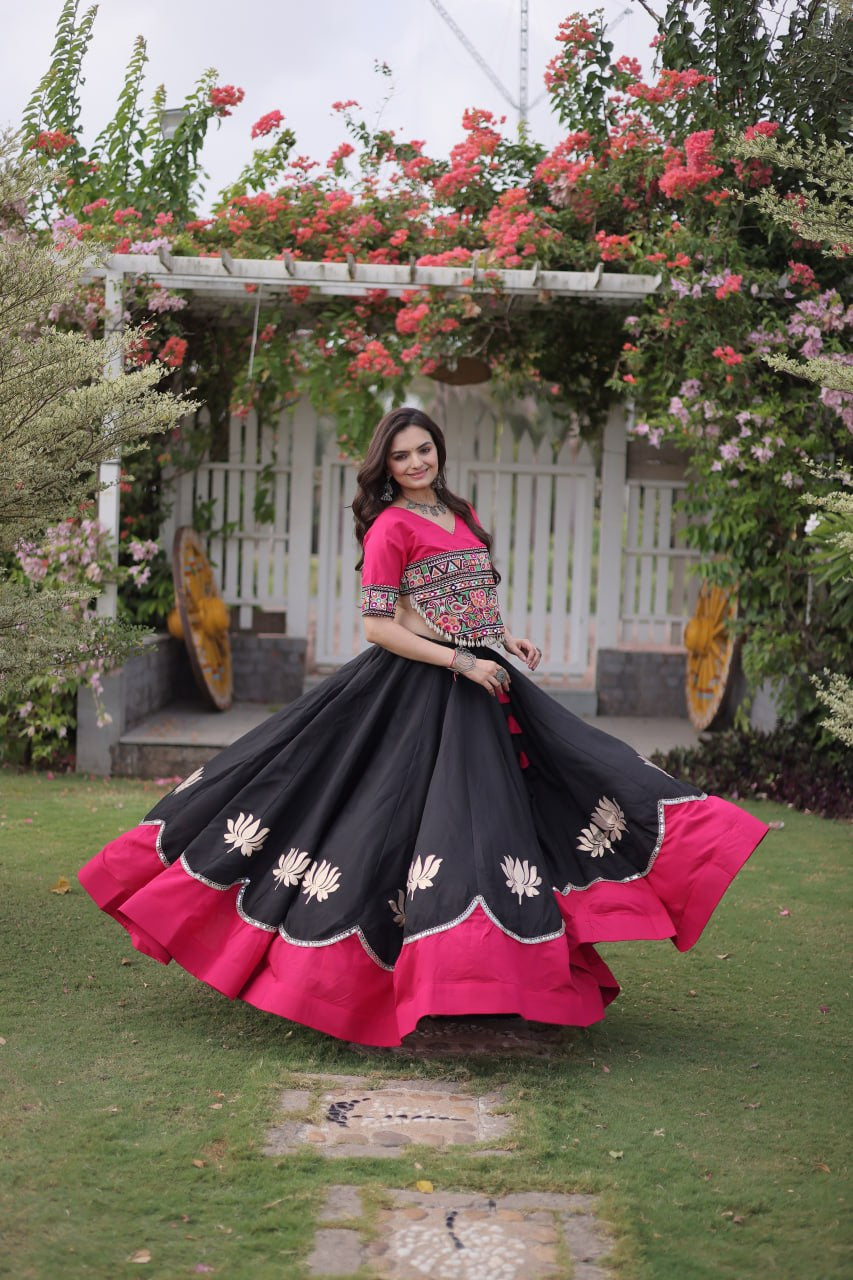 Womenline Pink Kutchi Embroidered Choli with Black Designer Navratri Lehenga