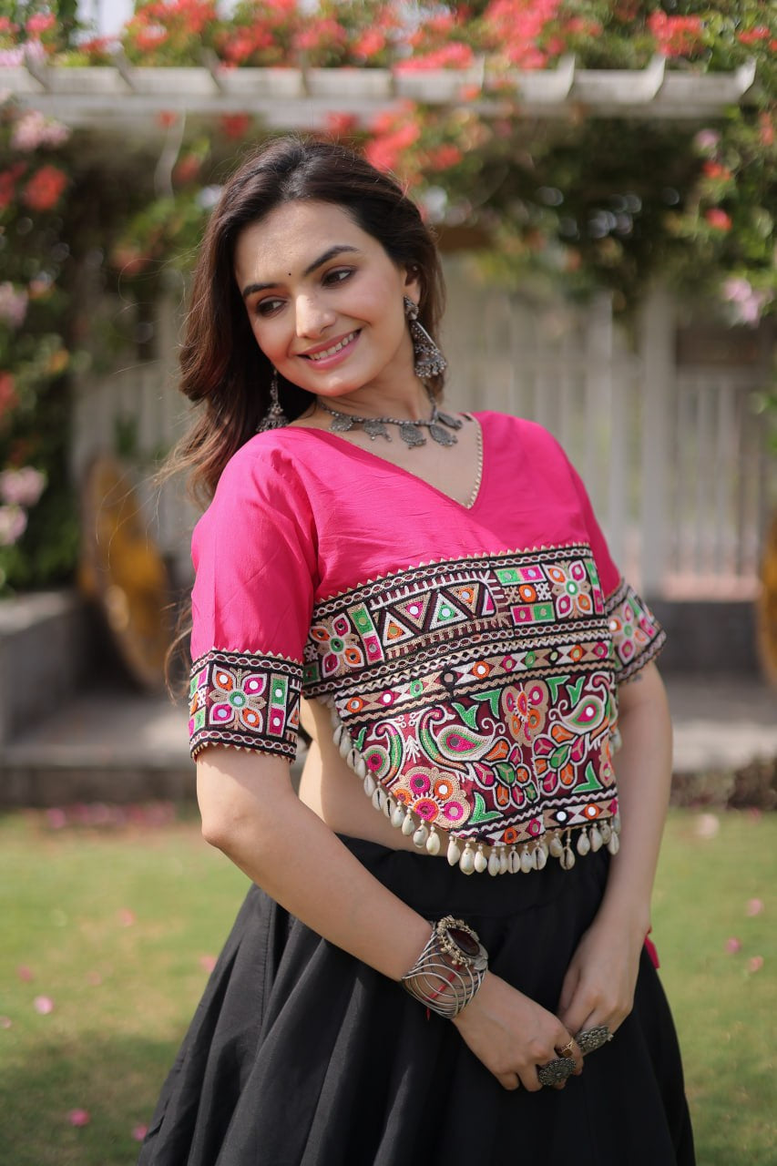 Womenline Pink Kutchi Embroidered Choli with Black Designer Navratri Lehenga