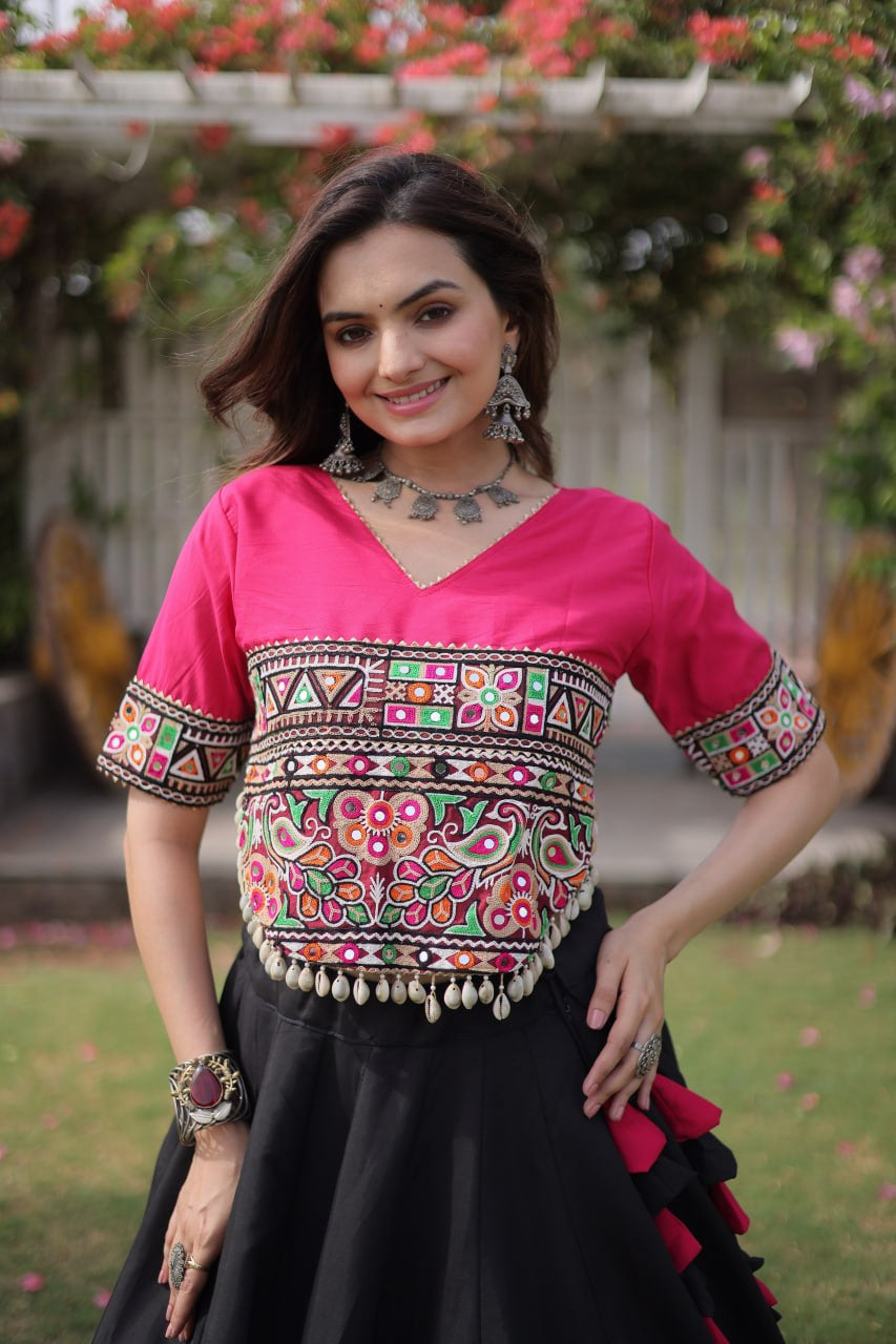 Womenline Pink Kutchi Embroidered Choli with Black Designer Navratri Lehenga