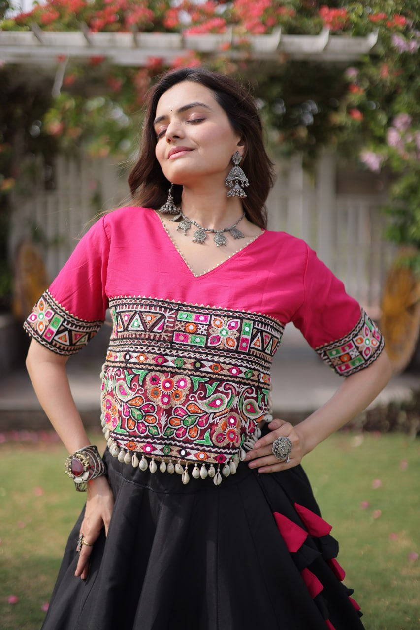 Womenline Pink Kutchi Embroidered Choli with Black Designer Navratri Lehenga