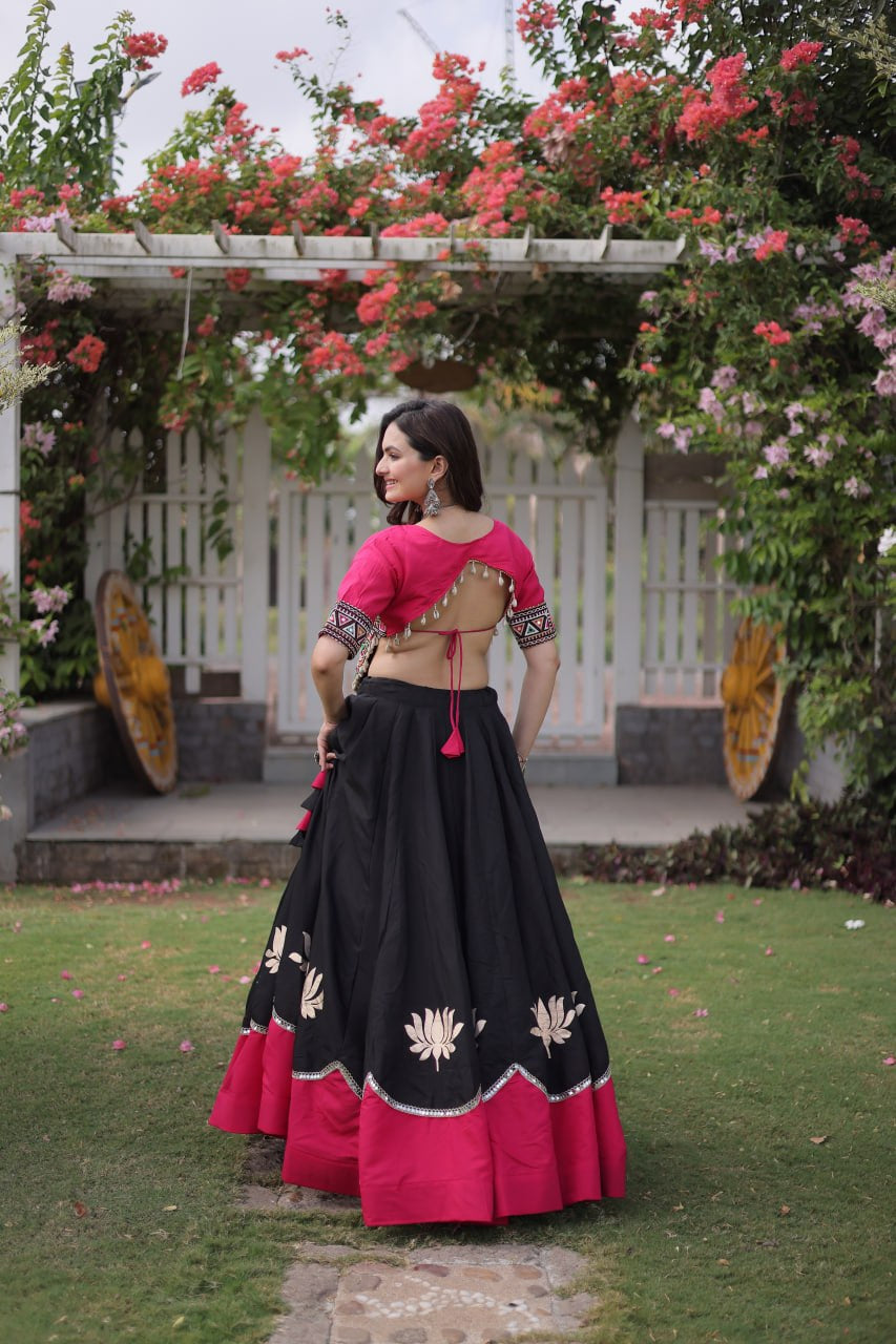 Womenline Pink Kutchi Embroidered Choli with Black Designer Navratri Lehenga