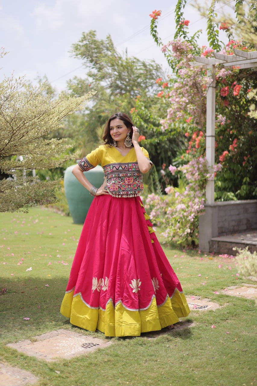 Womenline Yellow Kutchi Embroidered Choli with Pink Designer Navratri Lehenga