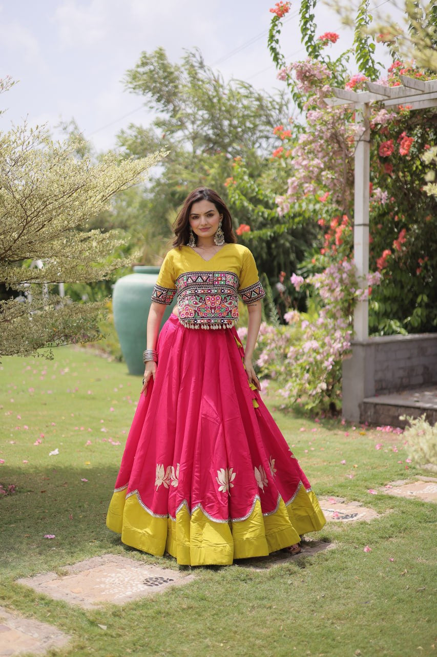 Womenline Yellow Kutchi Embroidered Choli with Pink Designer Navratri Lehenga