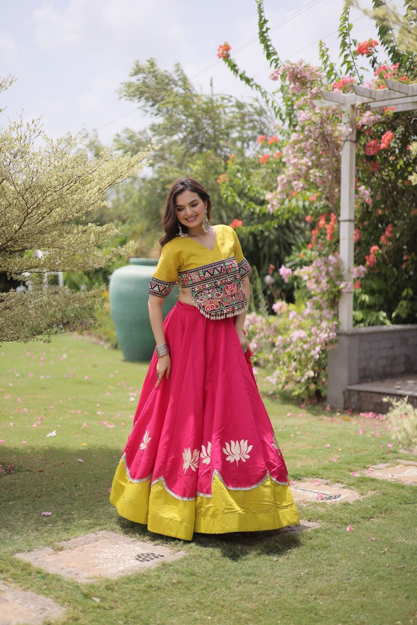 Womenline Yellow Kutchi Embroidered Choli with Pink Designer Navratri Lehenga