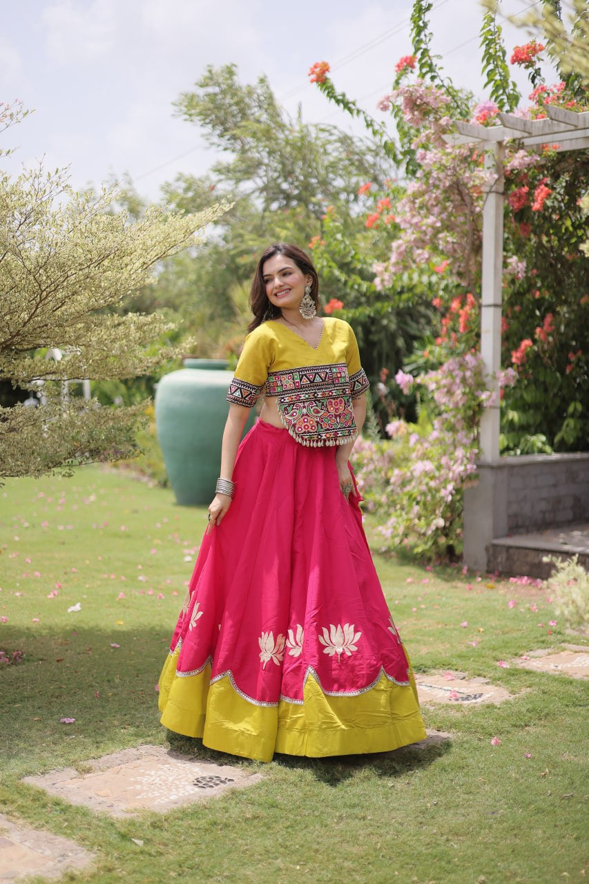 Womenline Yellow Kutchi Embroidered Choli with Pink Designer Navratri Lehenga