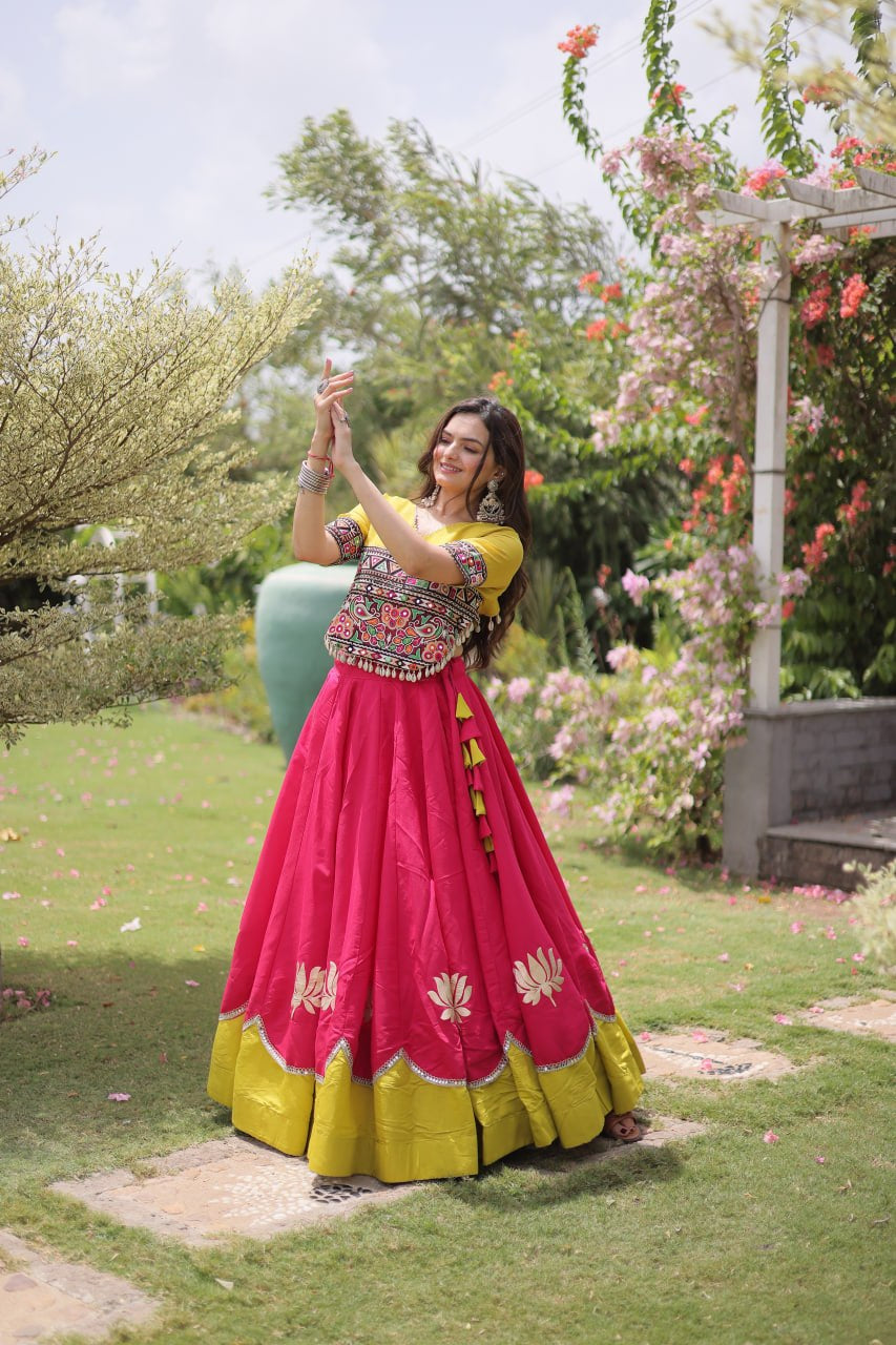 Womenline Yellow Kutchi Embroidered Choli with Pink Designer Navratri Lehenga