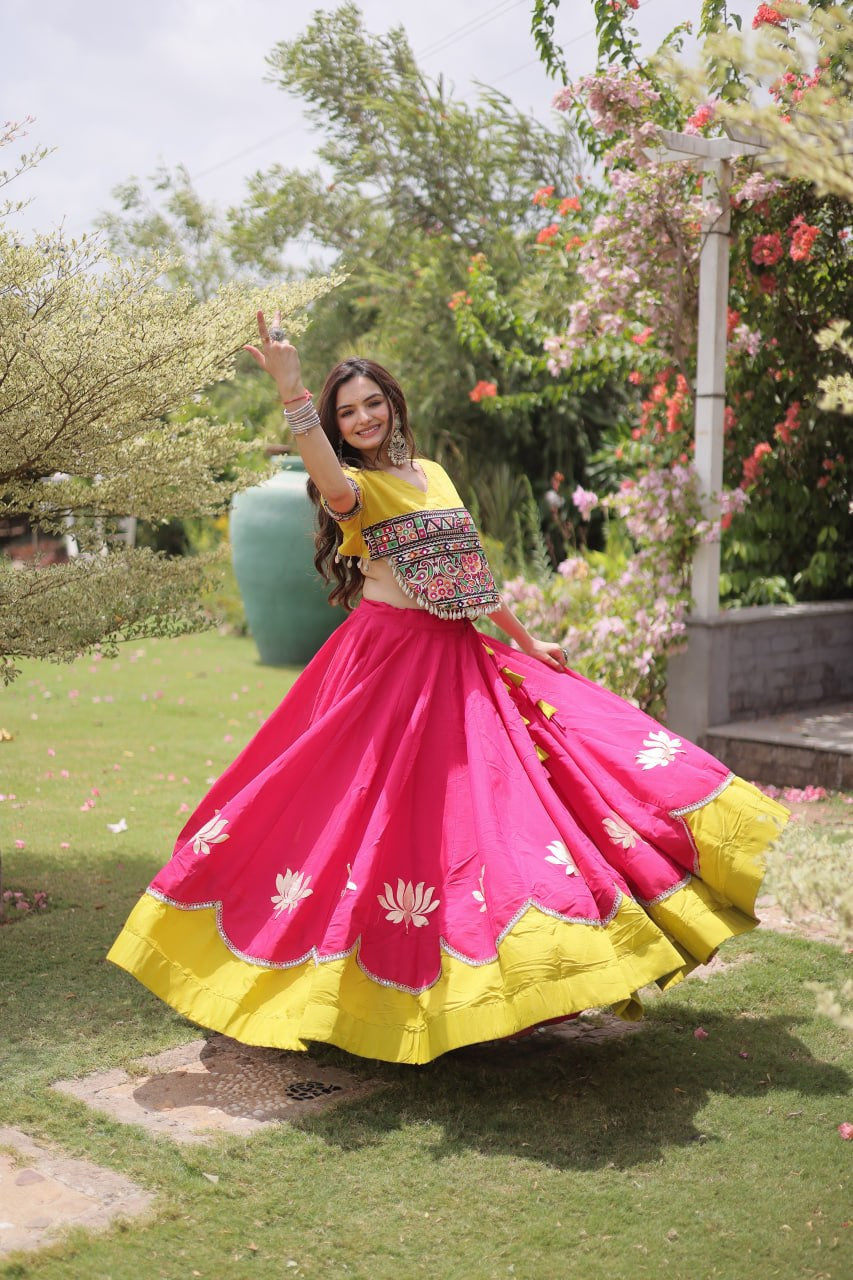 Womenline Yellow Kutchi Embroidered Choli with Pink Designer Navratri Lehenga