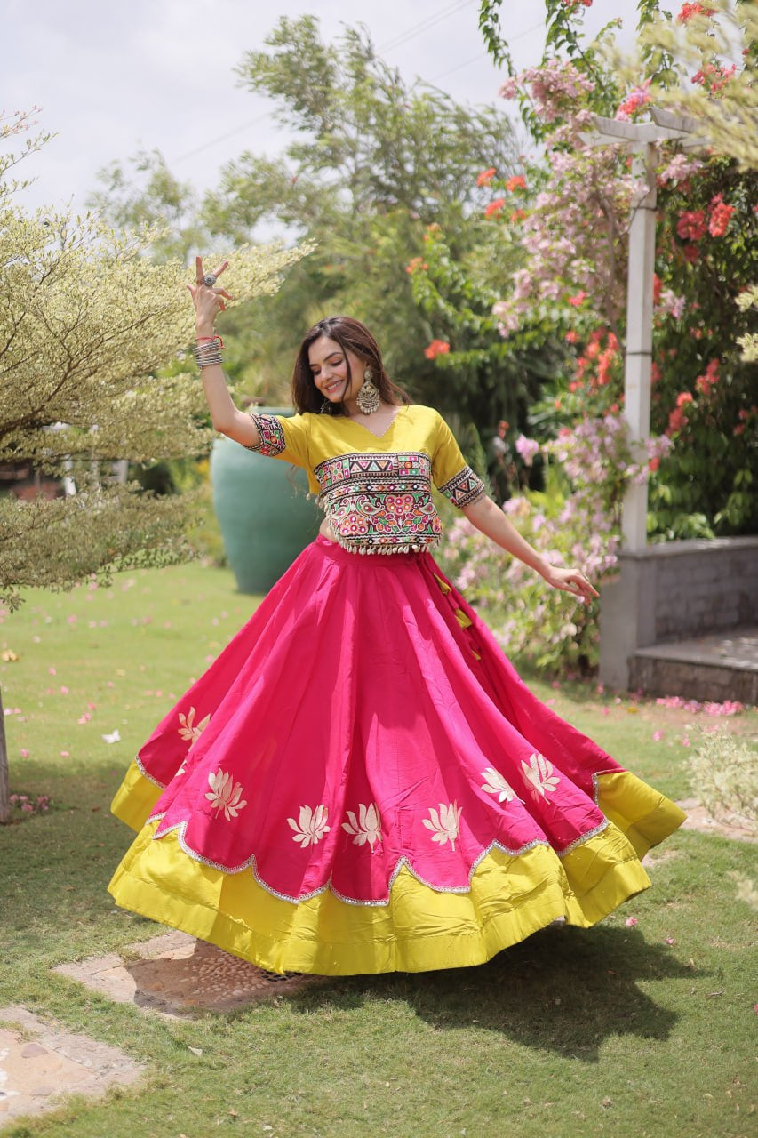 Womenline Yellow Kutchi Embroidered Choli with Pink Designer Navratri Lehenga