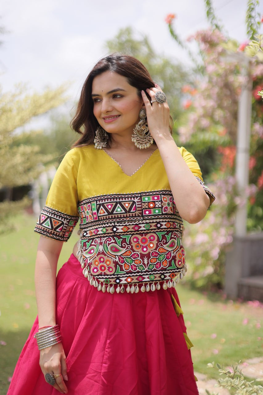 Womenline Yellow Kutchi Embroidered Choli with Pink Designer Navratri Lehenga