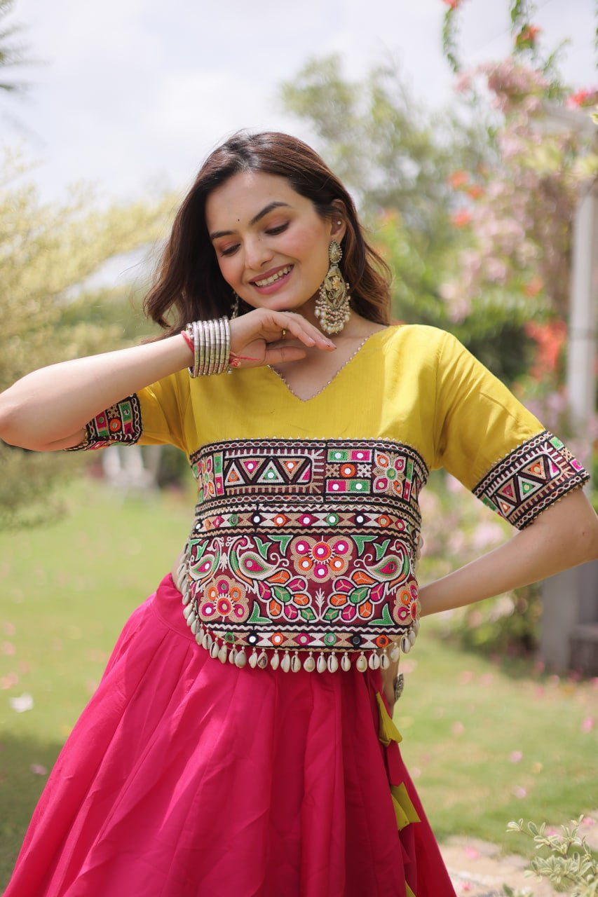Womenline Yellow Kutchi Embroidered Choli with Pink Designer Navratri Lehenga