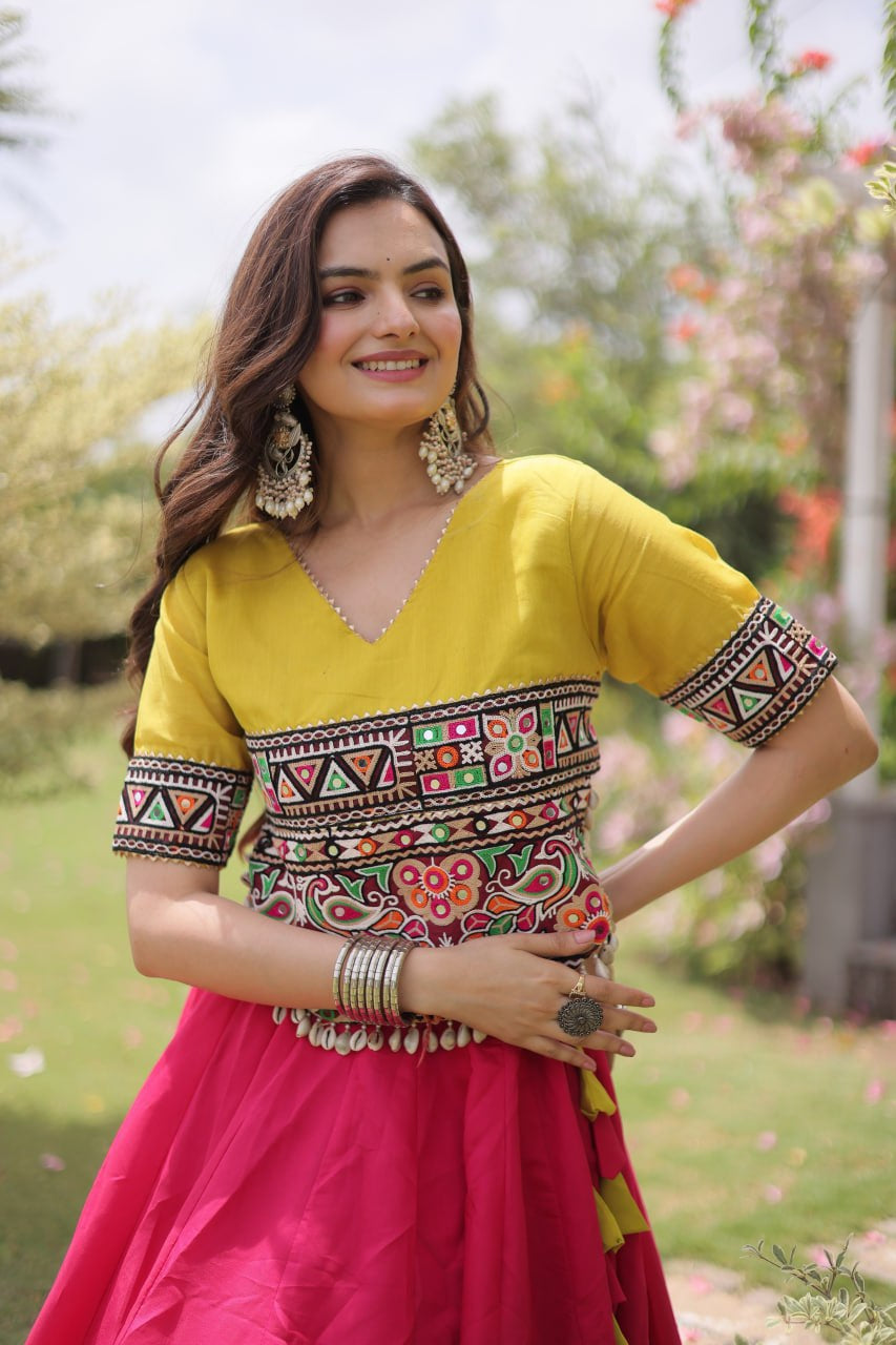 Womenline Yellow Kutchi Embroidered Choli with Pink Designer Navratri Lehenga