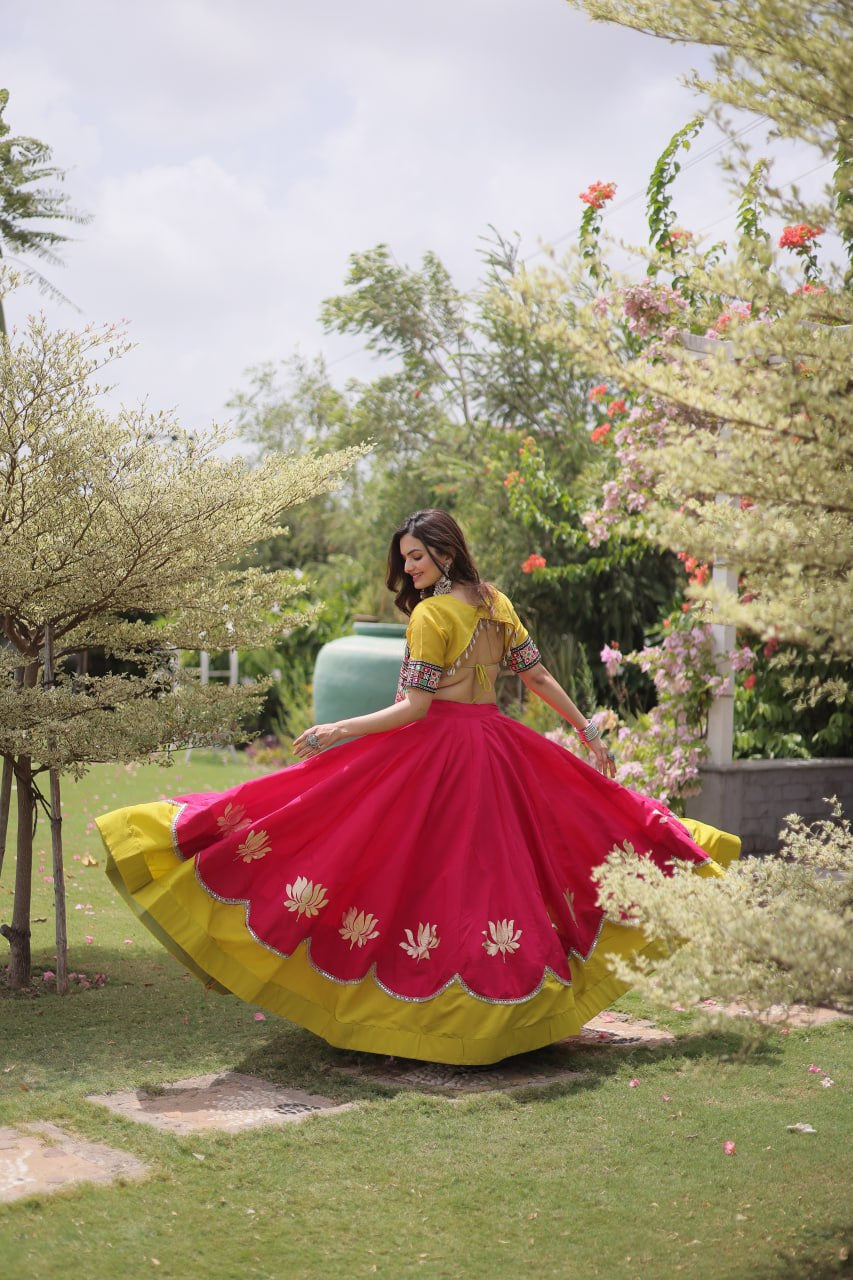Womenline Yellow Kutchi Embroidered Choli with Pink Designer Navratri Lehenga