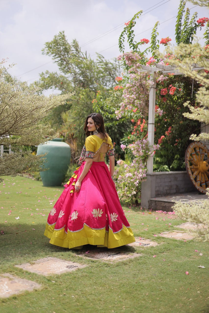 Womenline Yellow Kutchi Embroidered Choli with Pink Designer Navratri Lehenga