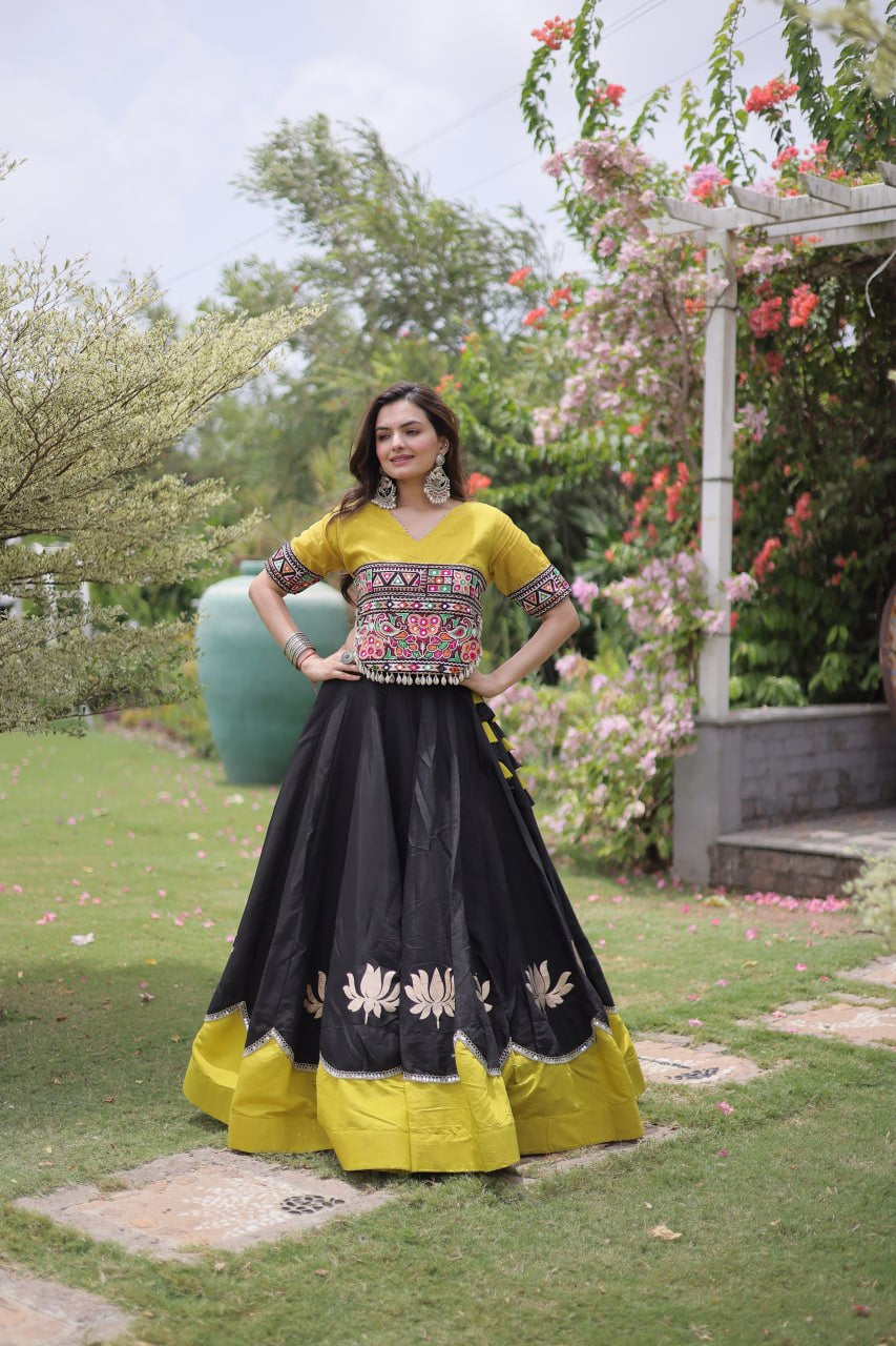 Womenline Yellow Kutchi Embroidered Choli with Black Designer Navratri Lehenga