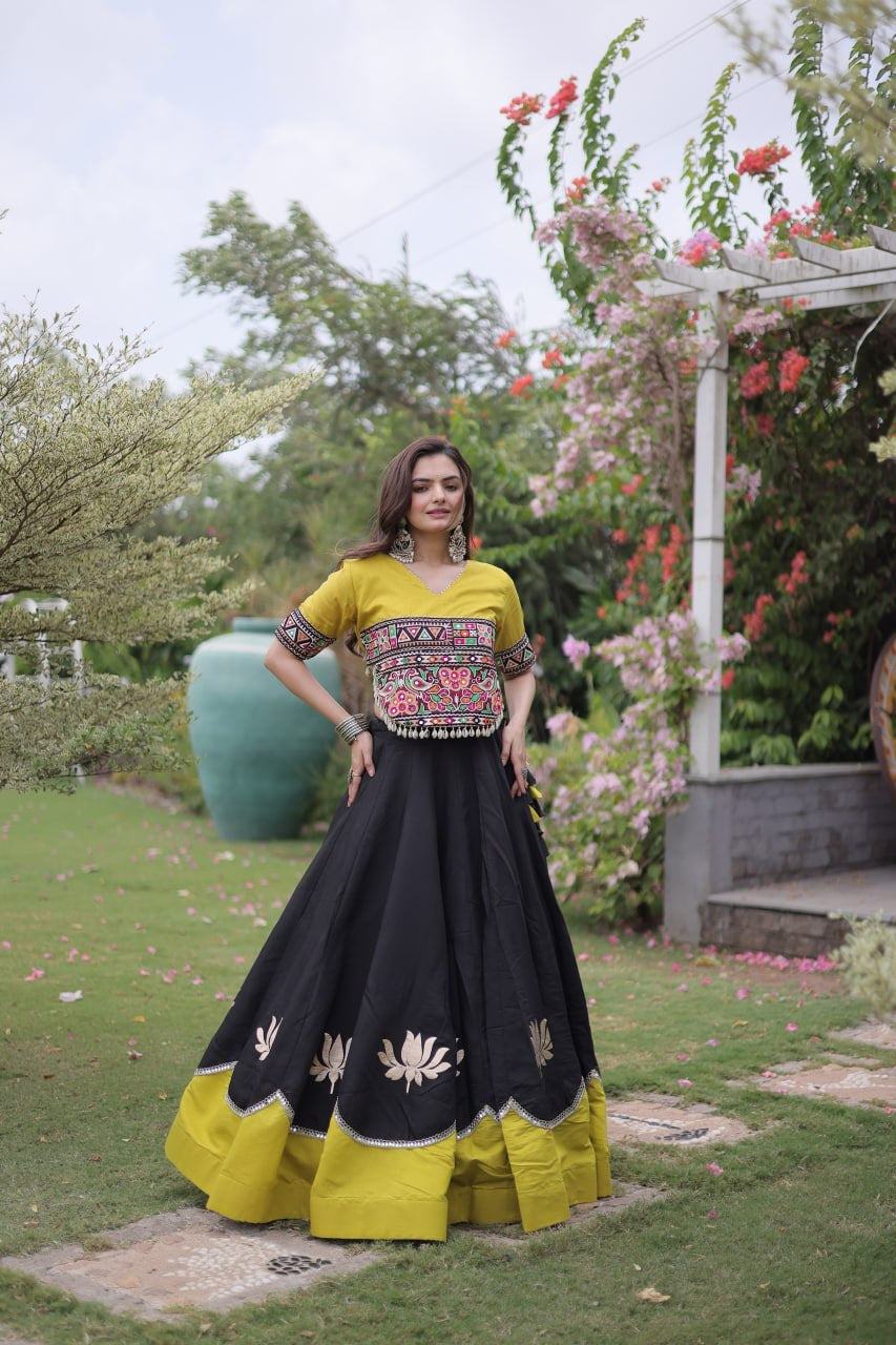 Womenline Yellow Kutchi Embroidered Choli with Black Designer Navratri Lehenga