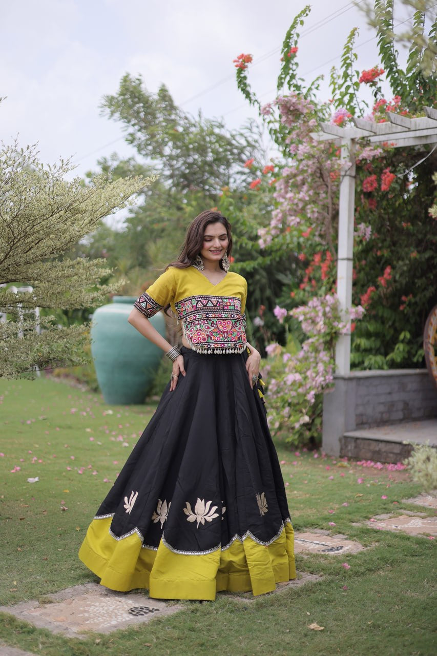 Womenline Yellow Kutchi Embroidered Choli with Black Designer Navratri Lehenga