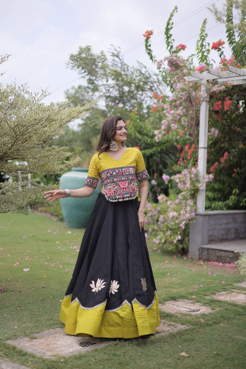 Womenline Yellow Kutchi Embroidered Choli with Black Designer Navratri Lehenga