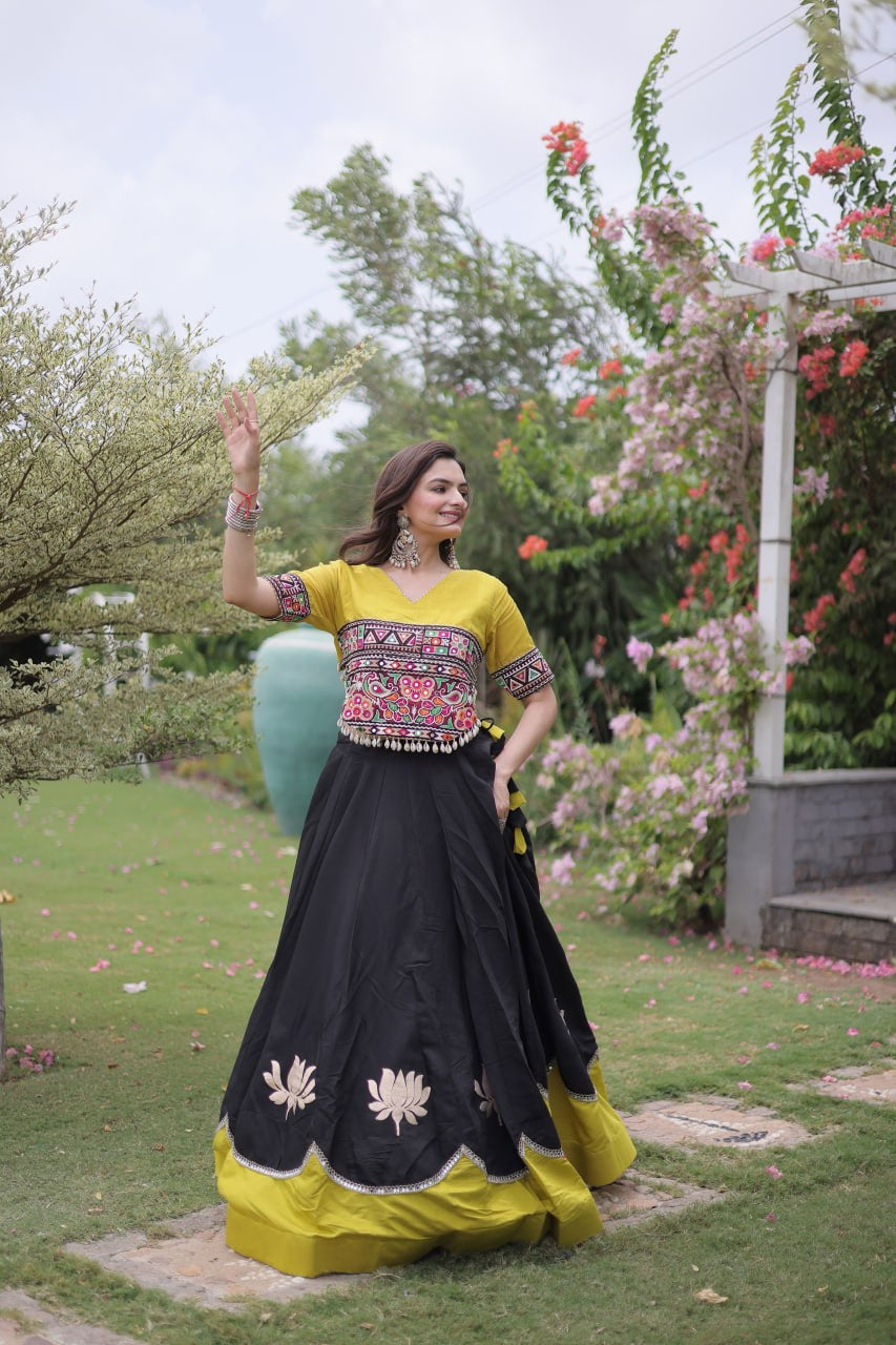 Womenline Yellow Kutchi Embroidered Choli with Black Designer Navratri Lehenga